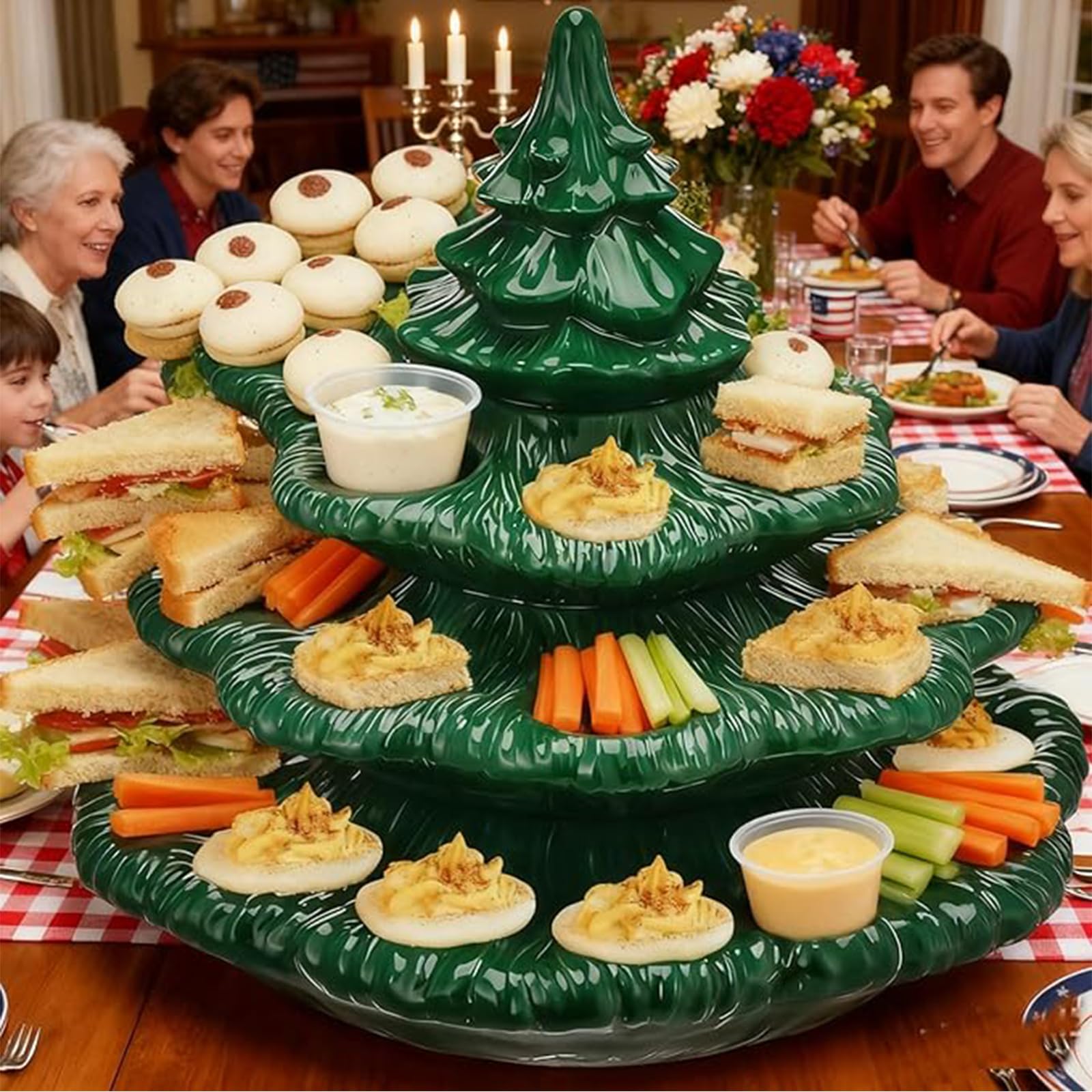 Bandeja reutilizable para huevos con tapa para árbol de Navidad, bandeja ovalada apilable para fiestas, soporte decorativo verde con forma de planta para reuniones festivas