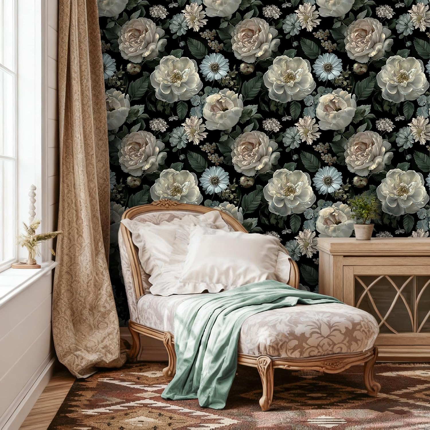 VEELIKE Vintage Dark Floral Wallpaper Peel and Stick Moody Peony Rose Flower Wallpaper for Bedroom Living Room 17.7''x118'' Self Adhesive Removable Black Floral Wall Mural for Bathroom Accent Wall