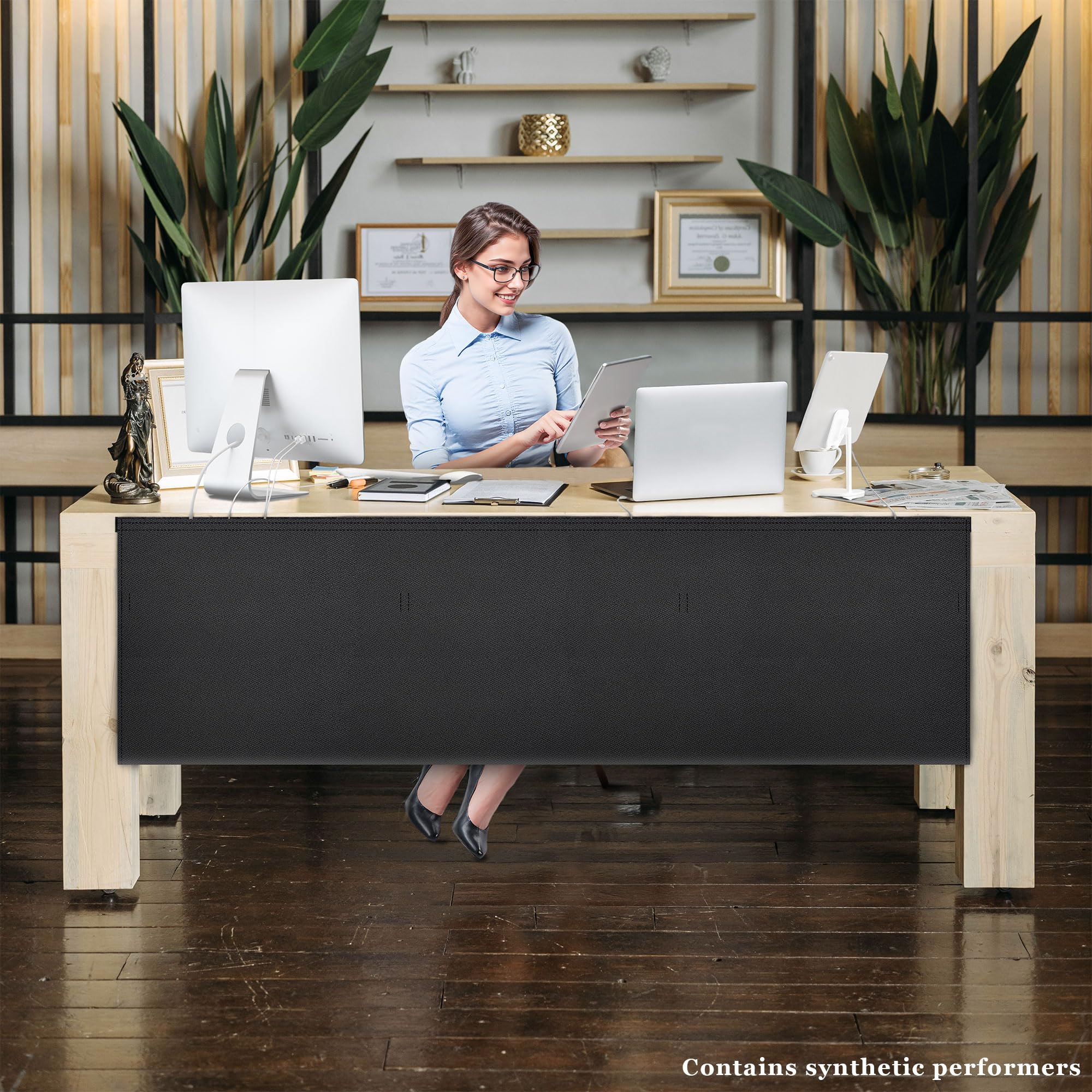 Sichtschutz-Panel unter dem Schreibtisch, selbstklebend, mit Drahttasche für Kabelmanagement, Organizer, robuster Schreibtischrock, für Büro oder Steharbeitsplatz, 152,4 cm