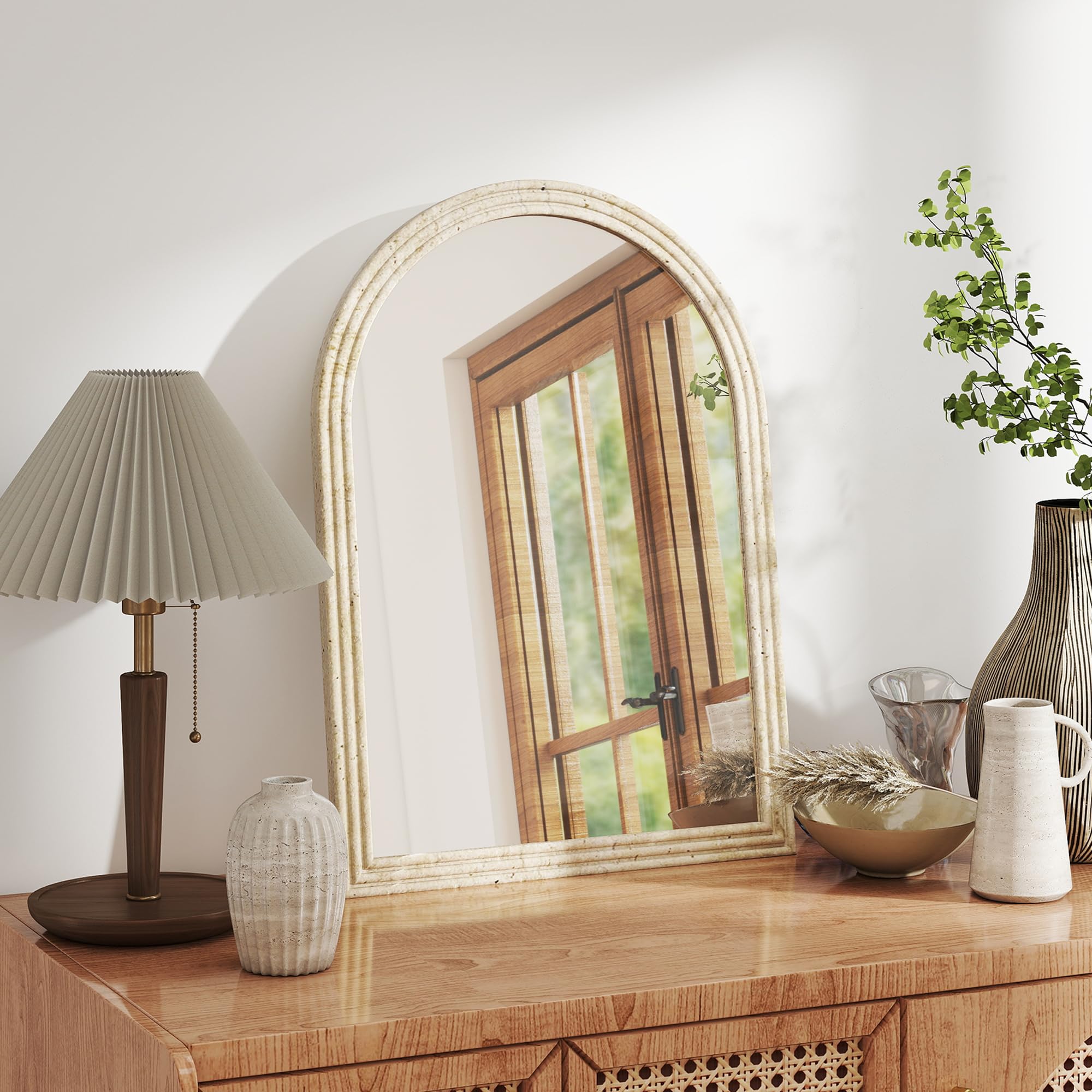 HOMCOM Specchio Design ad Arco con Bordo Scanalato e Ganci, Specchio a Muro in Vetro e Polistirene, 60x2x90 cm, Beige