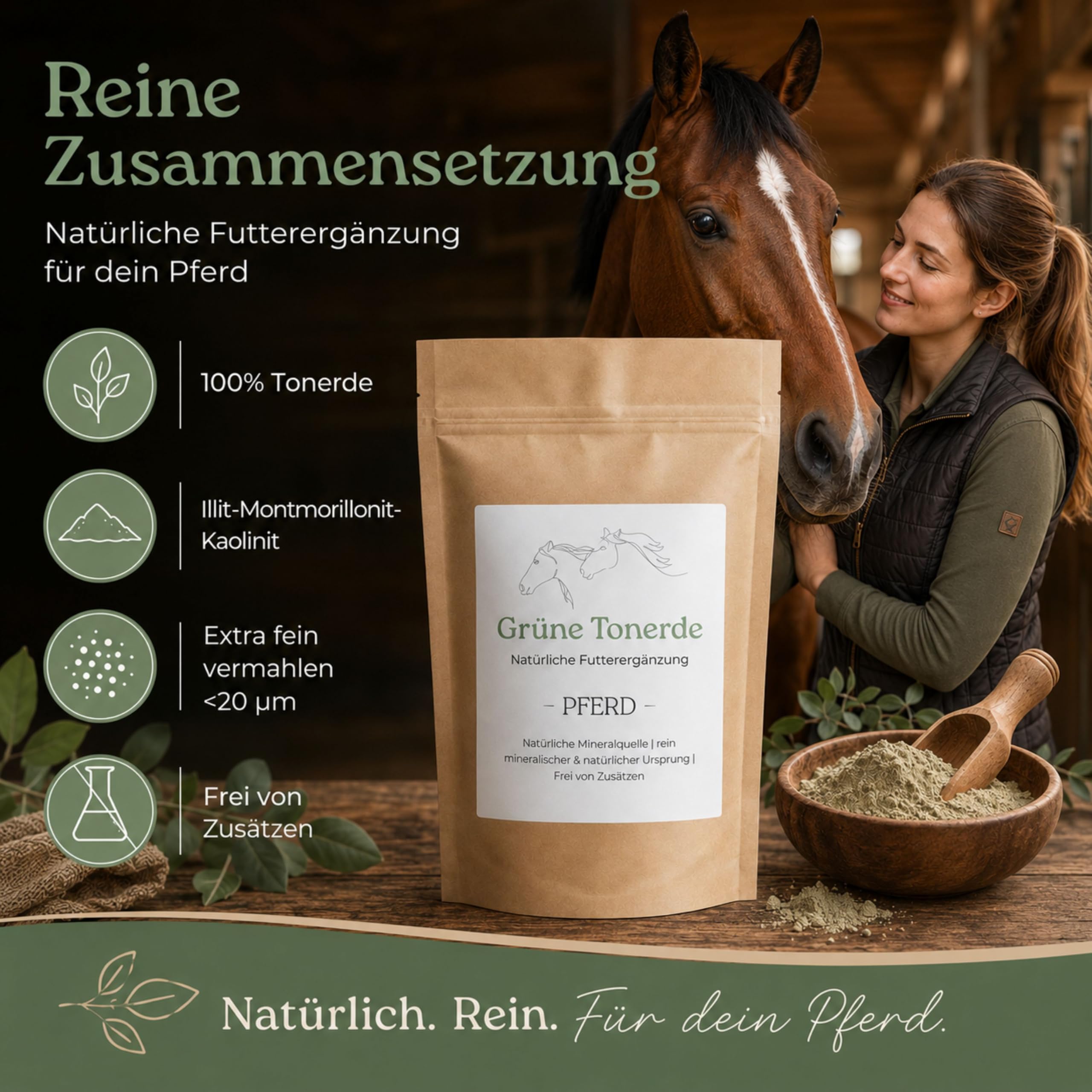 AGC Tonerde für Pferde 2 kg – natürliches Ergänzungsfuttermittel, 100% Illit-Montmorillonit-Kaolinit, extra fein <20 µm, ohne Zusätze, Mineralerde Pulver fürs tägliche Futter