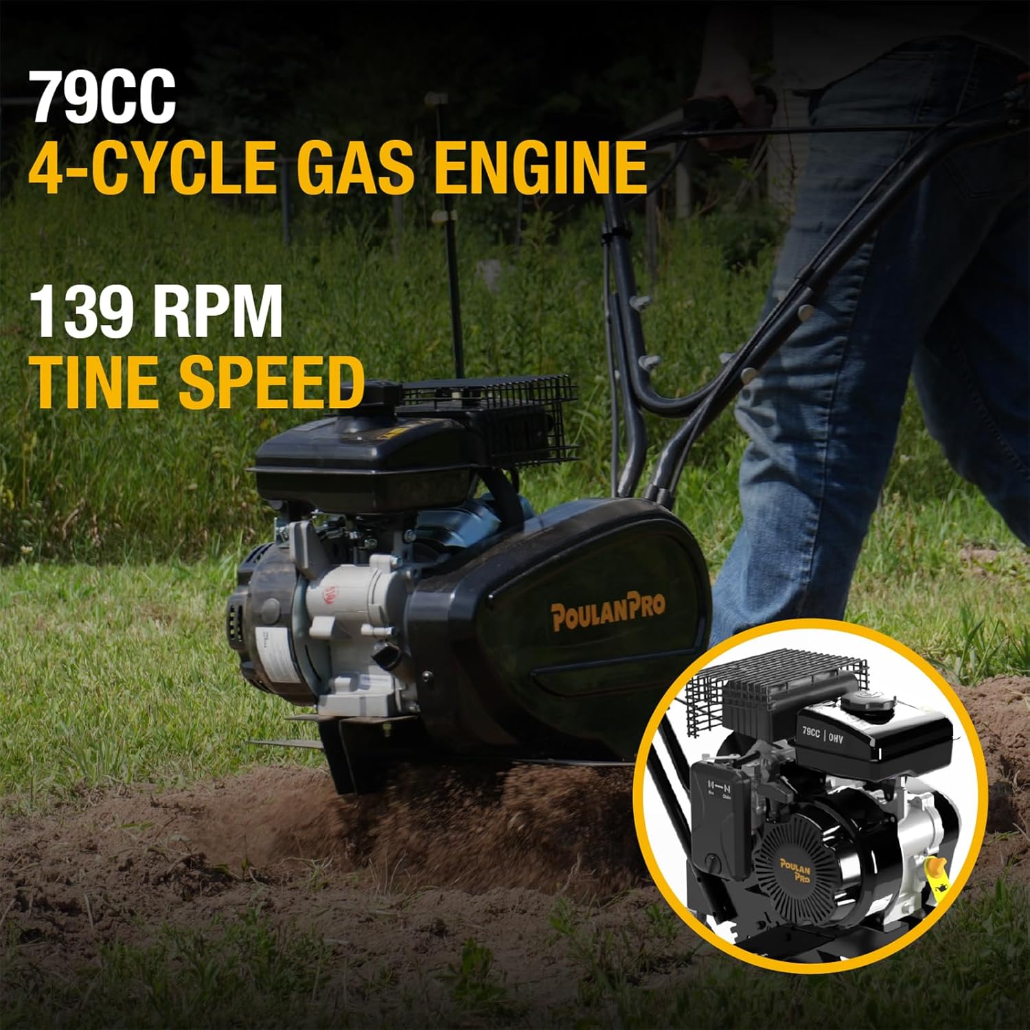 Poulan Pro Gas Tiller 2-in-1 Front Tine Tiller Cultivator for Gardening, 79 cc 4-Cycle Gas Engine, 9''-17'' Tilling Width Adjustable, Forged Steel Tines, Integrated Transport Wheels, Model: PPFT17