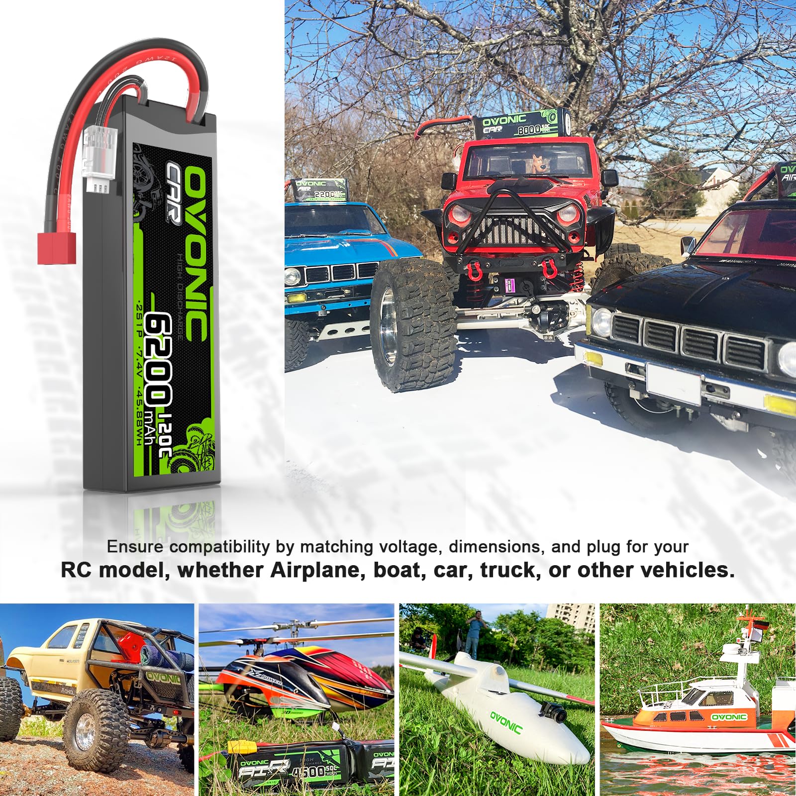 OVONIC 2s Lipo akumulator 7,4 V 6200 mAh 120C z wtyczką T, twarda obudowa do samochodów RC, ciężarówki, truggy, quadcoptera, helikoptera, samolotu (2 sztuki)