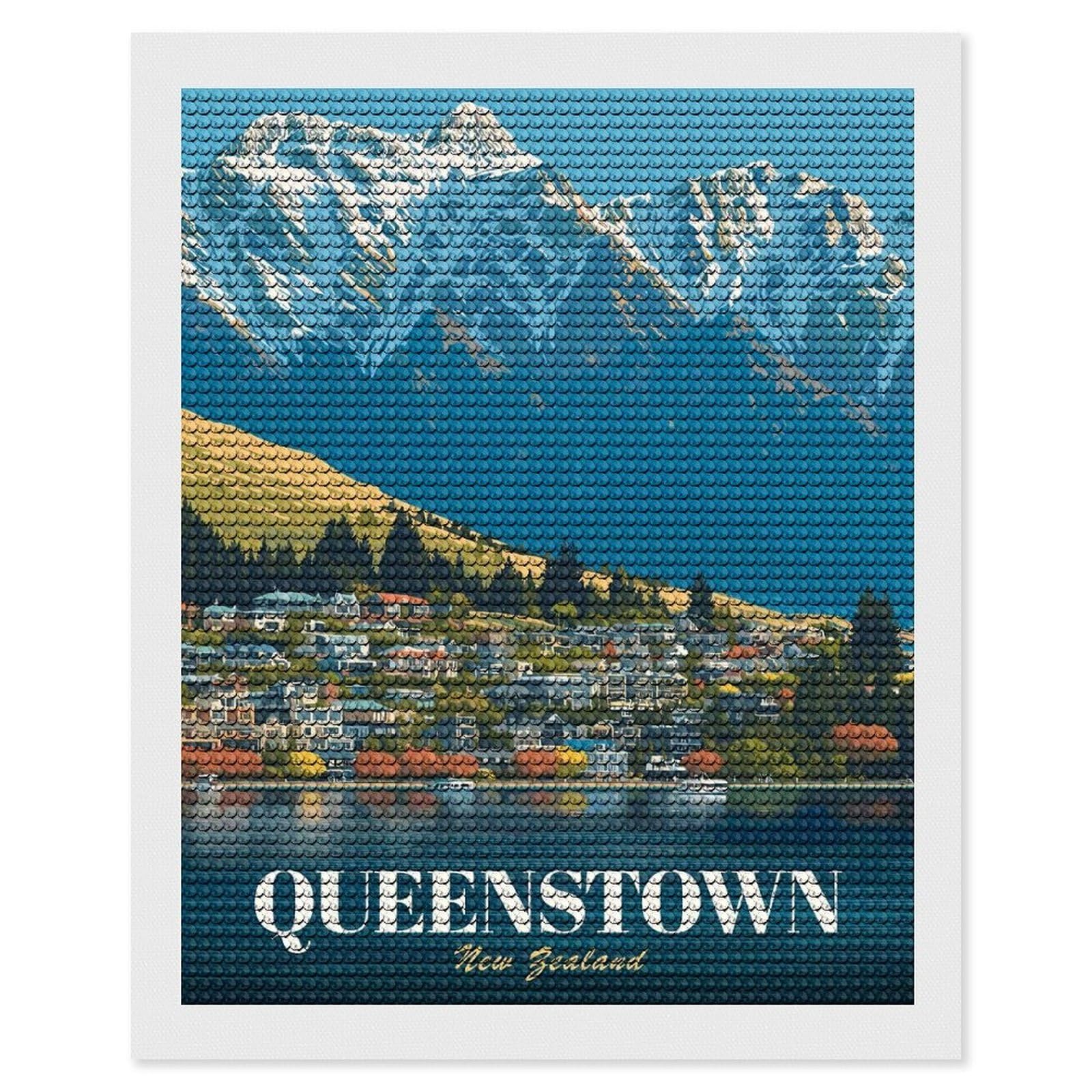 Junmoney Queenstown New Zealand Vintage Diamond Painting Canvas Set 16"x20", for Beginners, Complete Accessories, Christmas Gift, Modern Decor