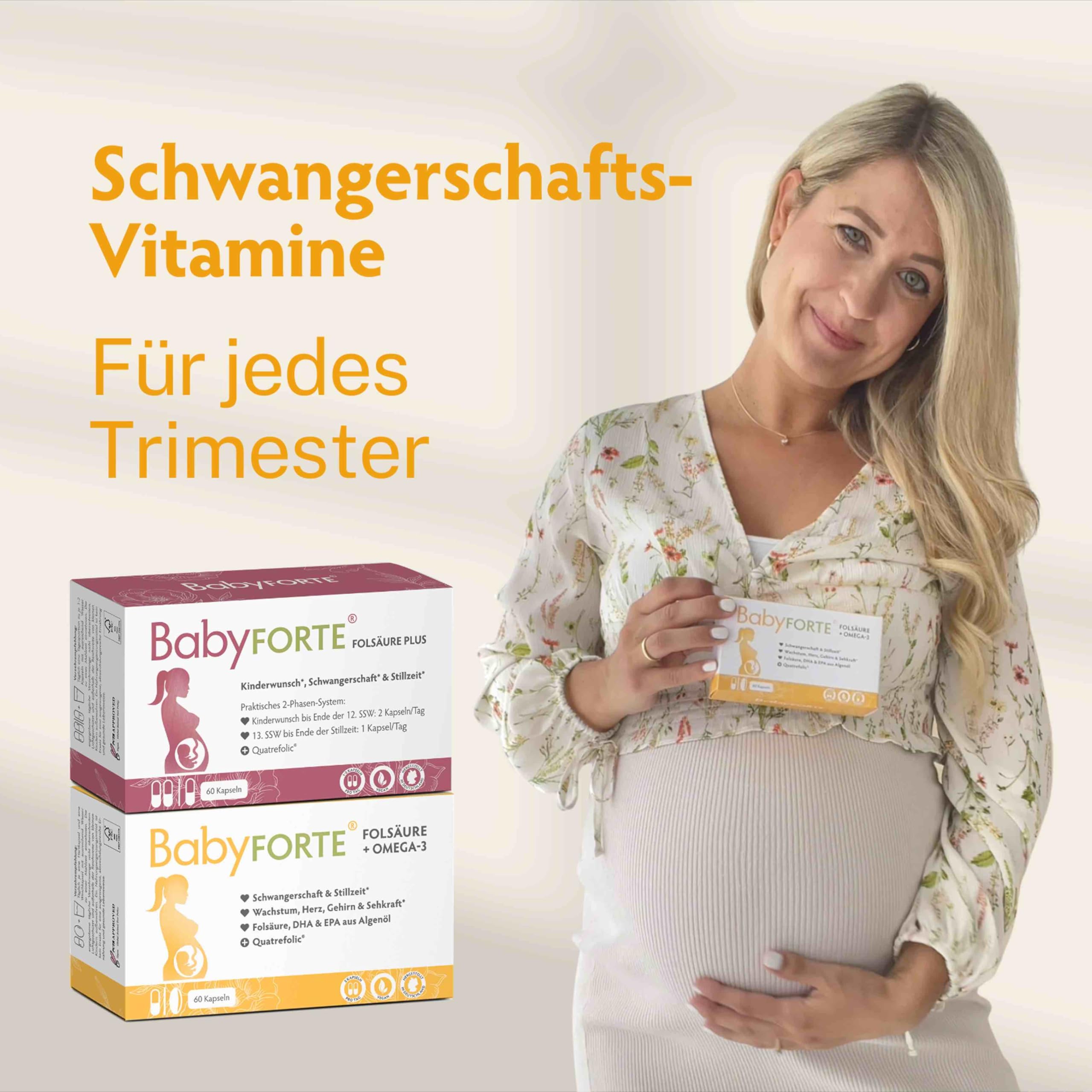 BabyFORTE Folsäure + Omega-3 | Algenöl | Alle Trimester | 18 Schwangerschaftsvitamine vegan | 60 Kapseln | Quatrefolic, Magnesium, Jod, DHA EPA Schwangerschaft | Stillzeit