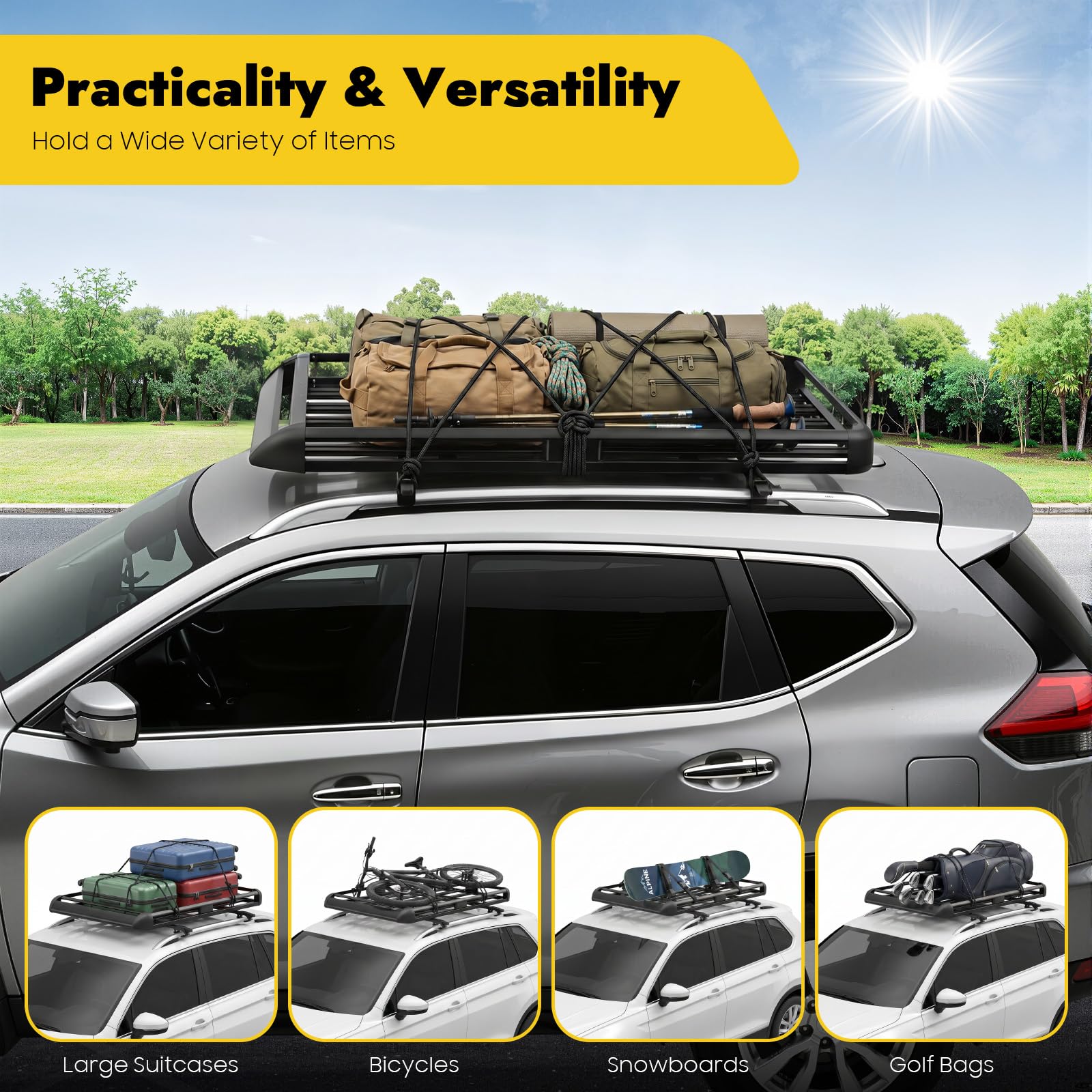 Portaequipajes universal de 160 cm, cesta para el techo del coche, cesta de aluminio, color negro, capacidad de peso de 150 kg, ancho ajustable de 100-135 cm (160 cm)