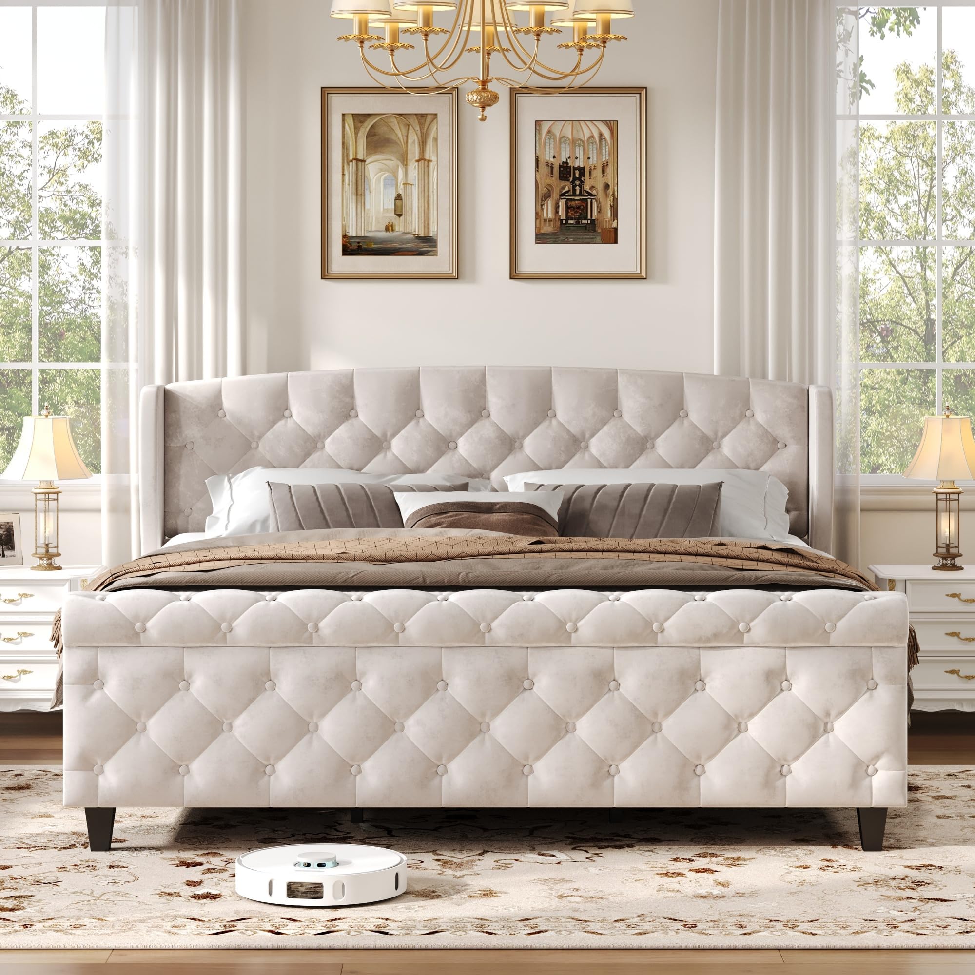 Merax 43.3" Tall Velvet Upholstered Sleigh Bed with Wingback Headboard & Scroll Footboard, King Size Platform Bed Frame,Button Tufted Bed Frame,No Box