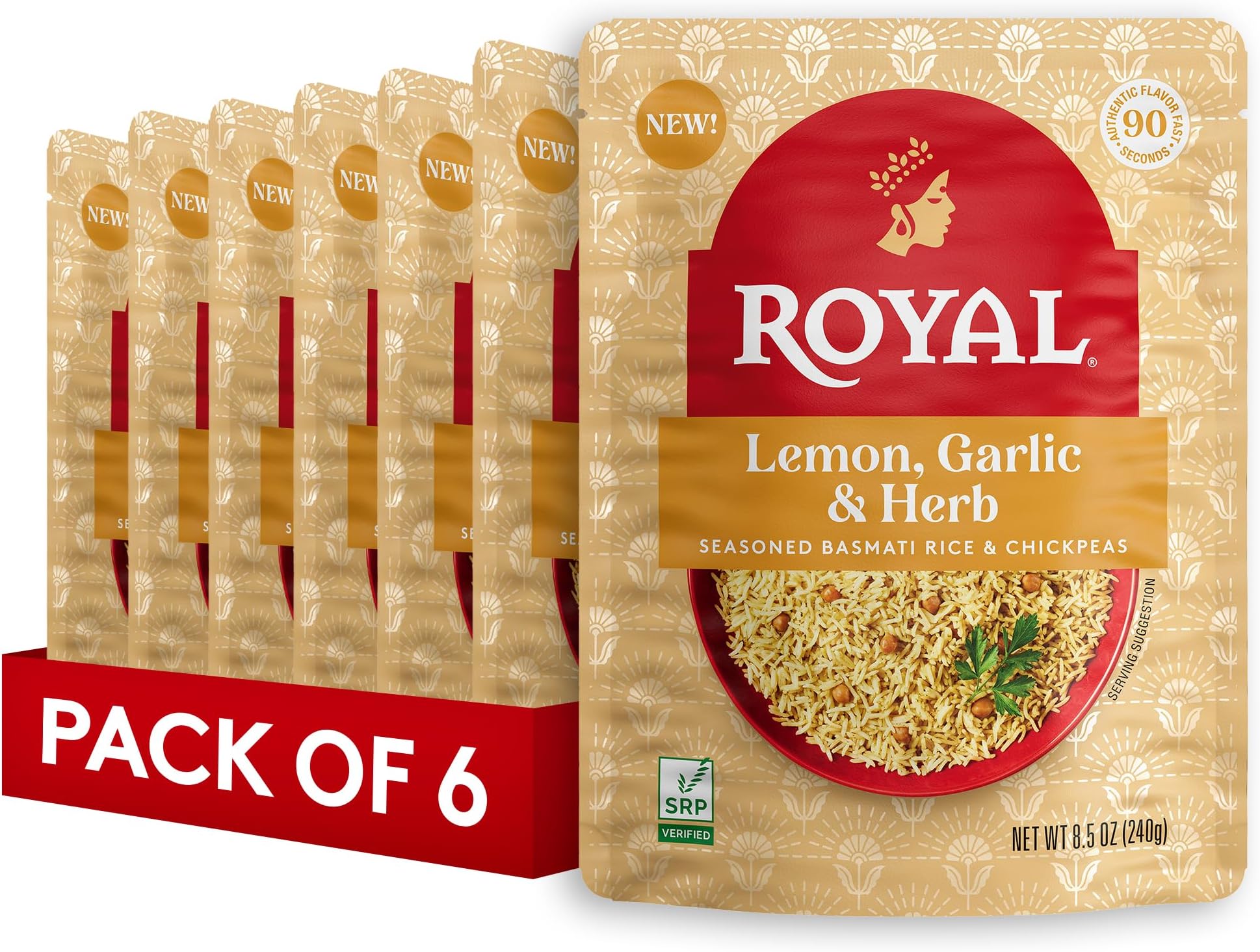 Royal Lemon, Garlic, and Herb Basmati White Rice and Chickpeas - Ready to Heat Microwavable Pouch, 8.5 oz (Pack of 6)
