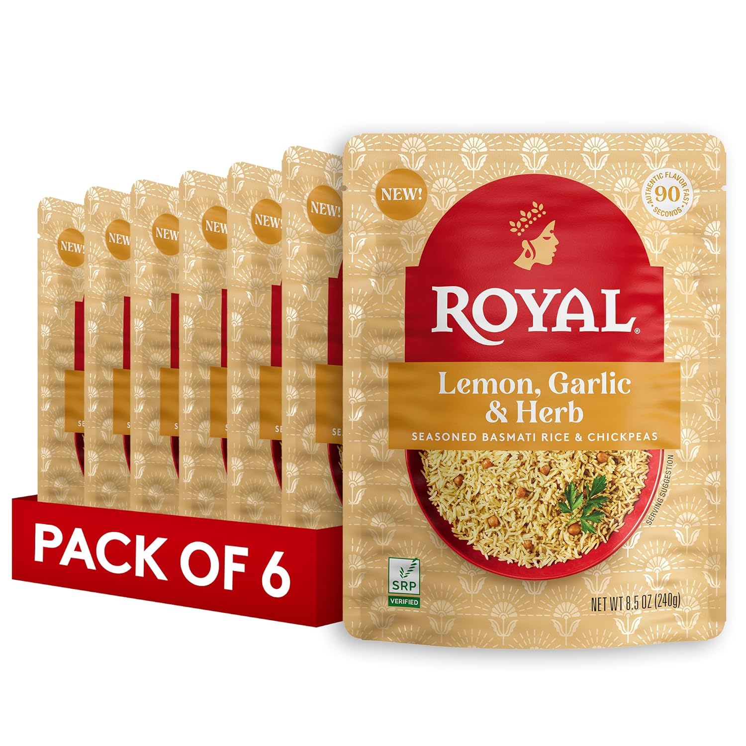 Royal Lemon Garlic Herb Basmati Rice with Chickpeas - Ready to Heat Microwave Pouch (6 Pack 8.5oz) Vegan Gluten-Free