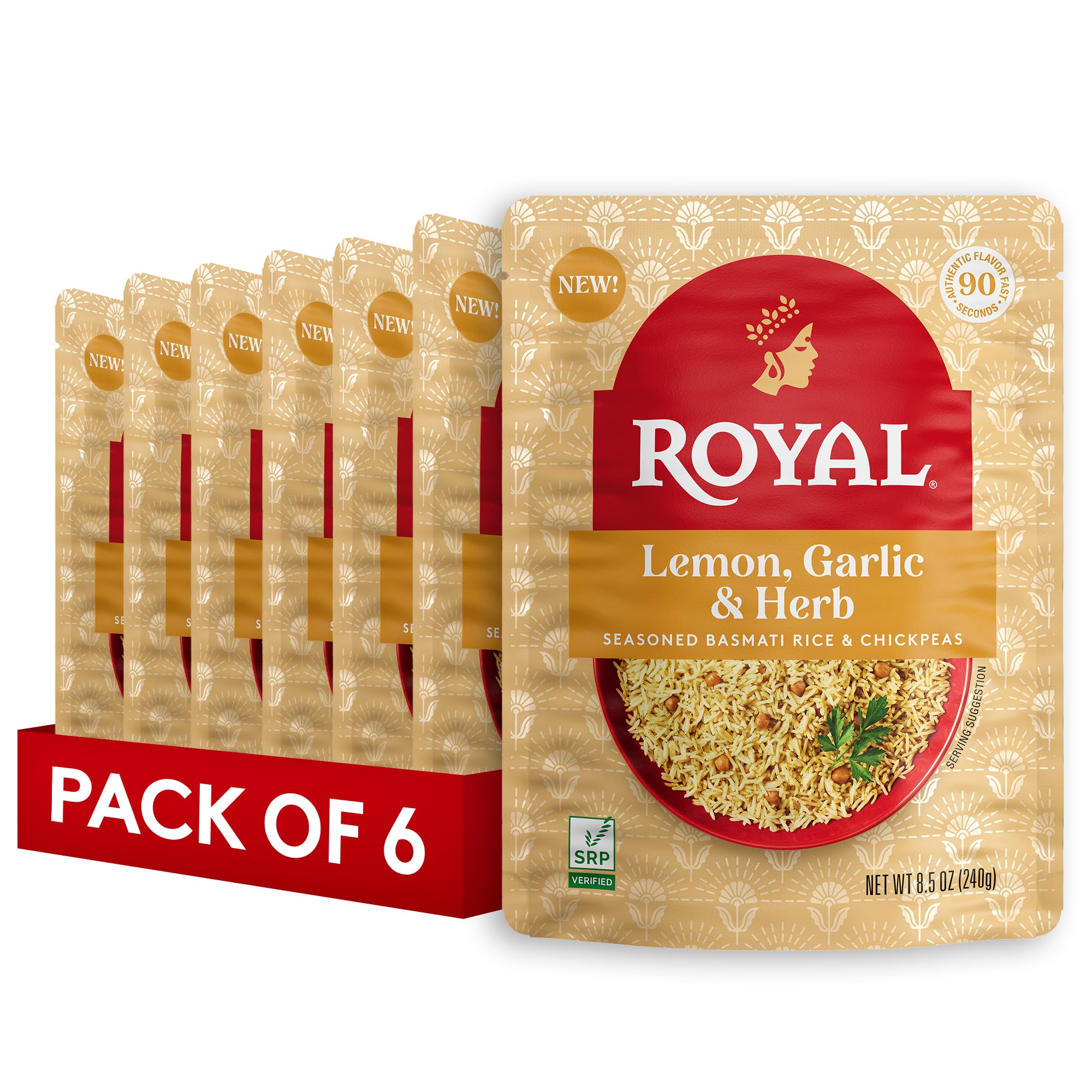 Royal Lemon, Garlic, and Herb Basmati White Rice and Chickpeas - Ready to Heat Basmati Rice - (6 Pack) 8.5 oz Microwaveable Pouch