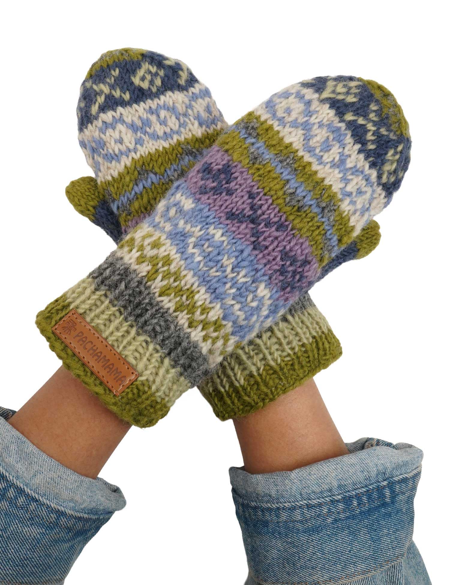 Pachamama Women Wool Mittens Fleece Lined Handknitted Fairisle Multicoloured One-Size Handmade Extra Warm Fair Trade (Wool, Olive)