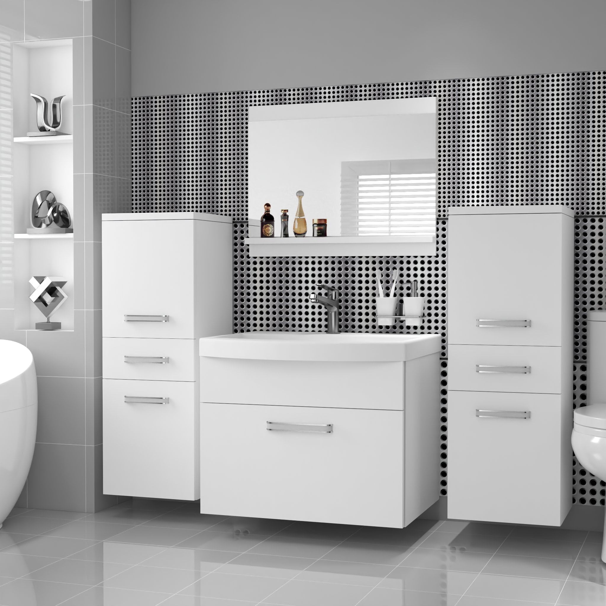 Belini PRIM4 Szafka łazienkowa pod umywalkę 120 cm biała matowa | Białe matowe meble łazienkowe, montaż ścienny, mechanizm soft-close, panel drewniany FSC, umywalka i lustro w zestawie