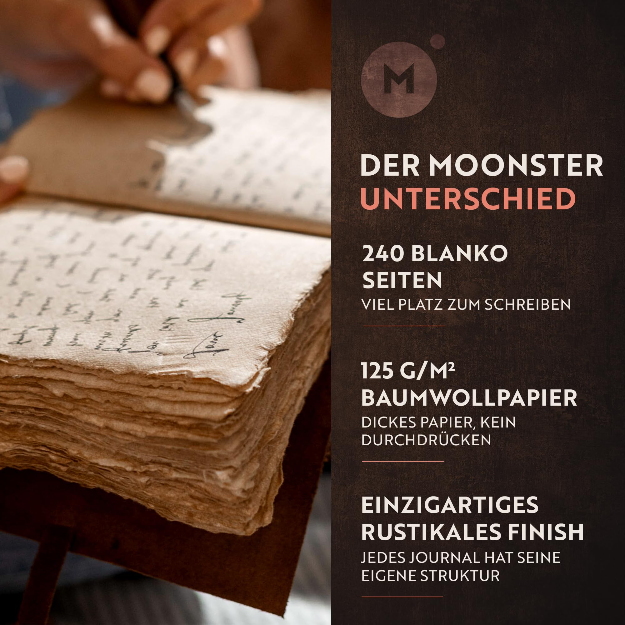 moonster Leder Notizbuch A5 [20x15 cm] aus Büffelleder – Vintage Tagebuch handgemacht mit 240 Seiten, unliniertes 125 g/m² Baumwollpapier, ideal als Skizzenbuch & Reisetagebuch