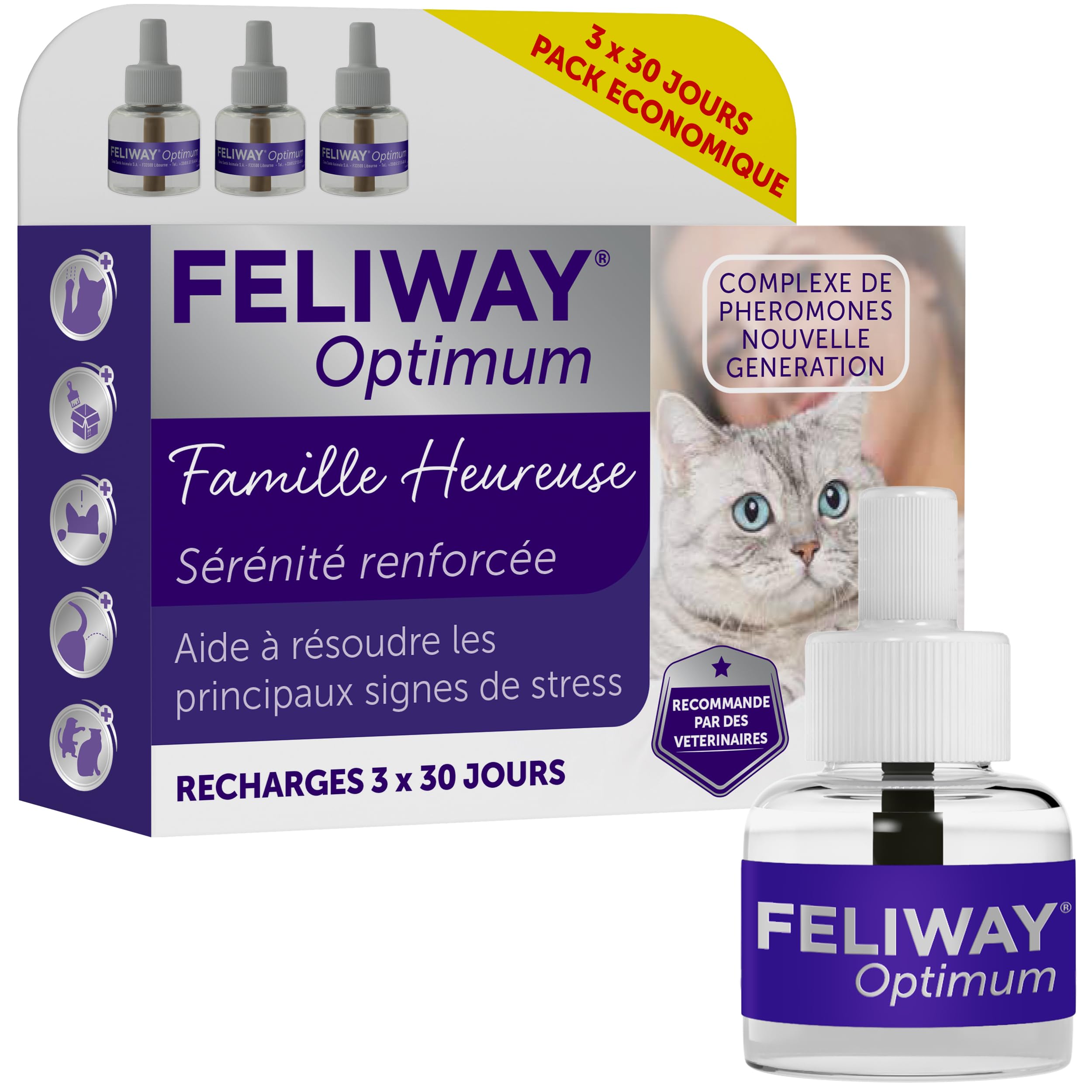 Feliway Optimum - Antistress Per Gatti, Complesso Di Feromoni Lenitivi Per Una Serenità Rafforzata, Confezione Economica 3 Ricariche (3 X 30 Giorni)-image