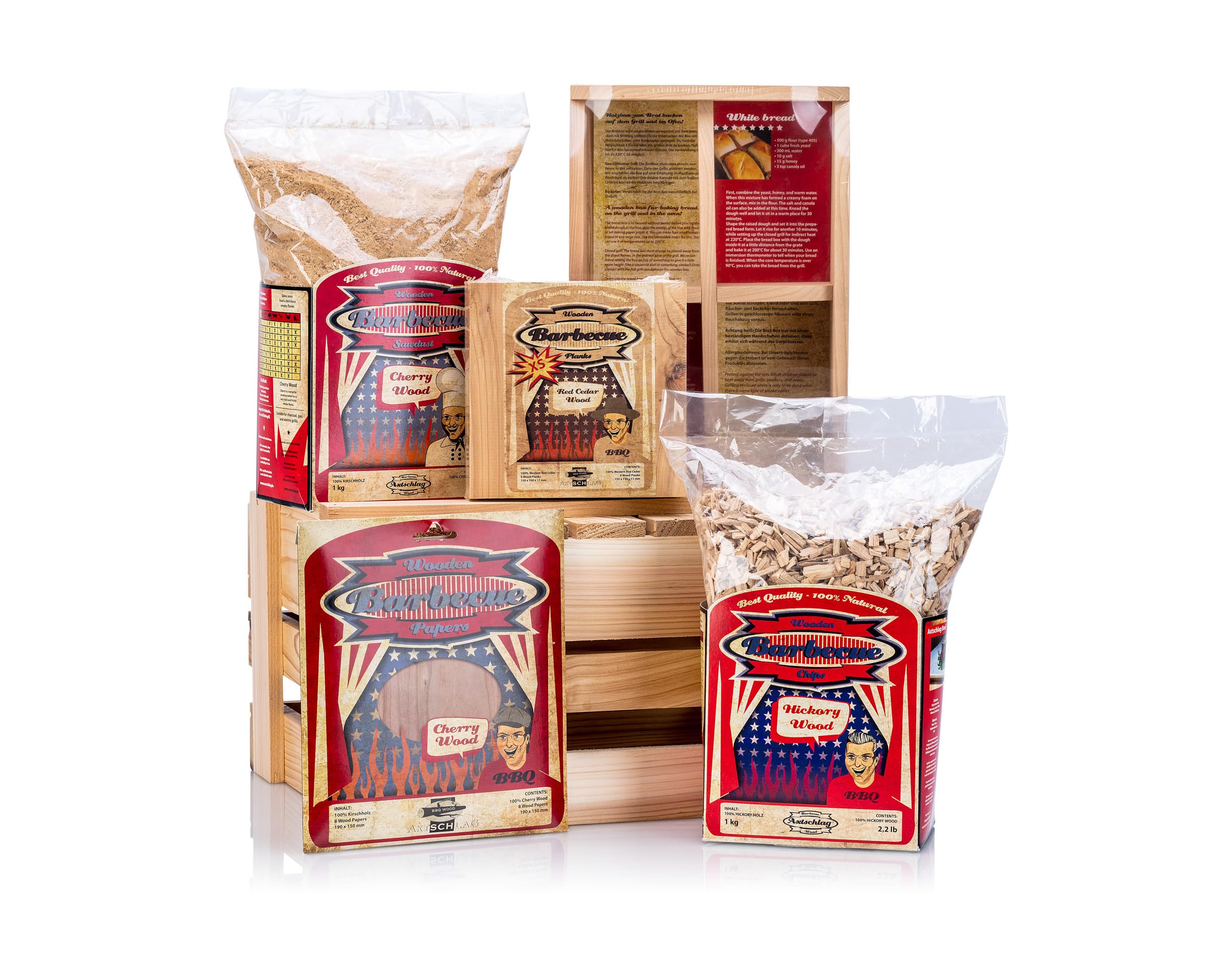 Axtschlag Grill-und Räuchermeister Set zum Grillen, Smoken&Räuchern | Grillzubehör Set | 4 Grillbretter Zedernholz, Räucherchips Hickory, Brotgarschale, Räucherblätter &Räuchermehl Kirsche|Geschenkset