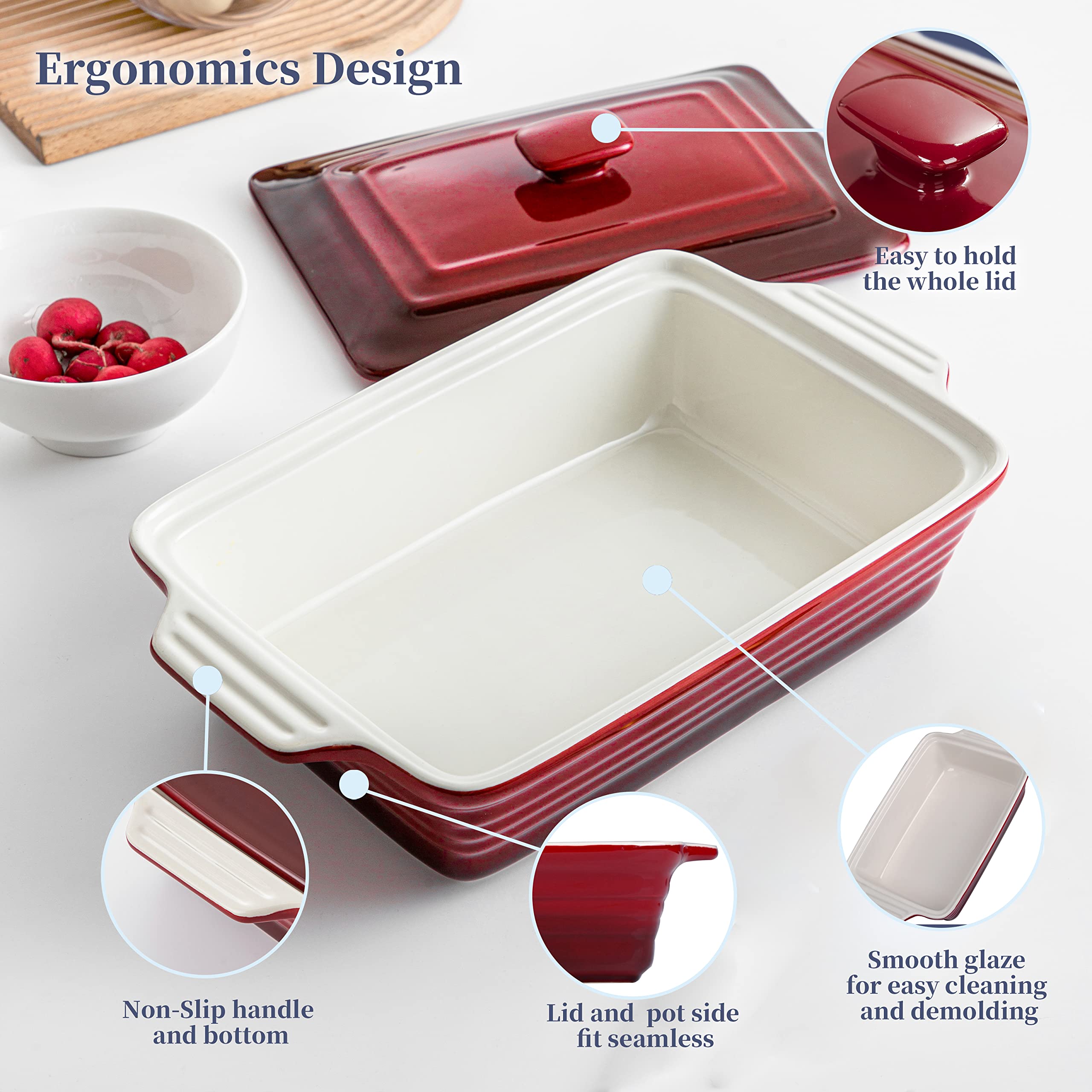 Casseruola Quadrata In Ceramica Con Coperchio – 25,4 Cm, Teglia Da Forno Con Manici, Bianca - 2