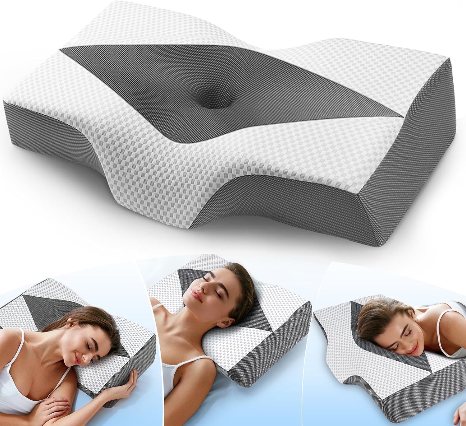 Hypuno Nackenstützkissen gegen Nackenschmerzen, orthopädisches Kopfkissen, ergonomisches Memory Foam Nackenkissen mit 2 Höhen, Hohlraum & kühlendem Bezug, für Seiten- und Rückenschläfer - Grau