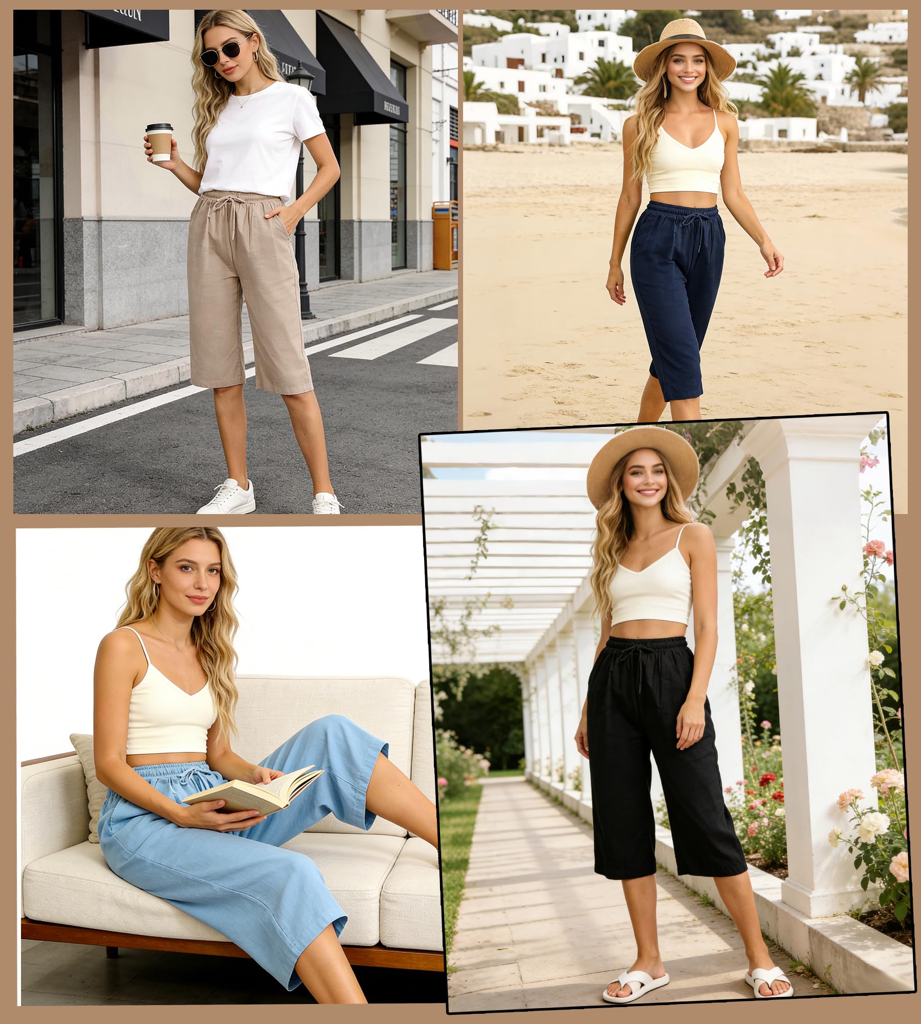 Pantalones Cortos Mujer Algodon Pantalón Corto Verano Cintura Alta Shorts Mujer Casual Bermudas Largo hasta la Rodilla con Bolsillos y Cordón