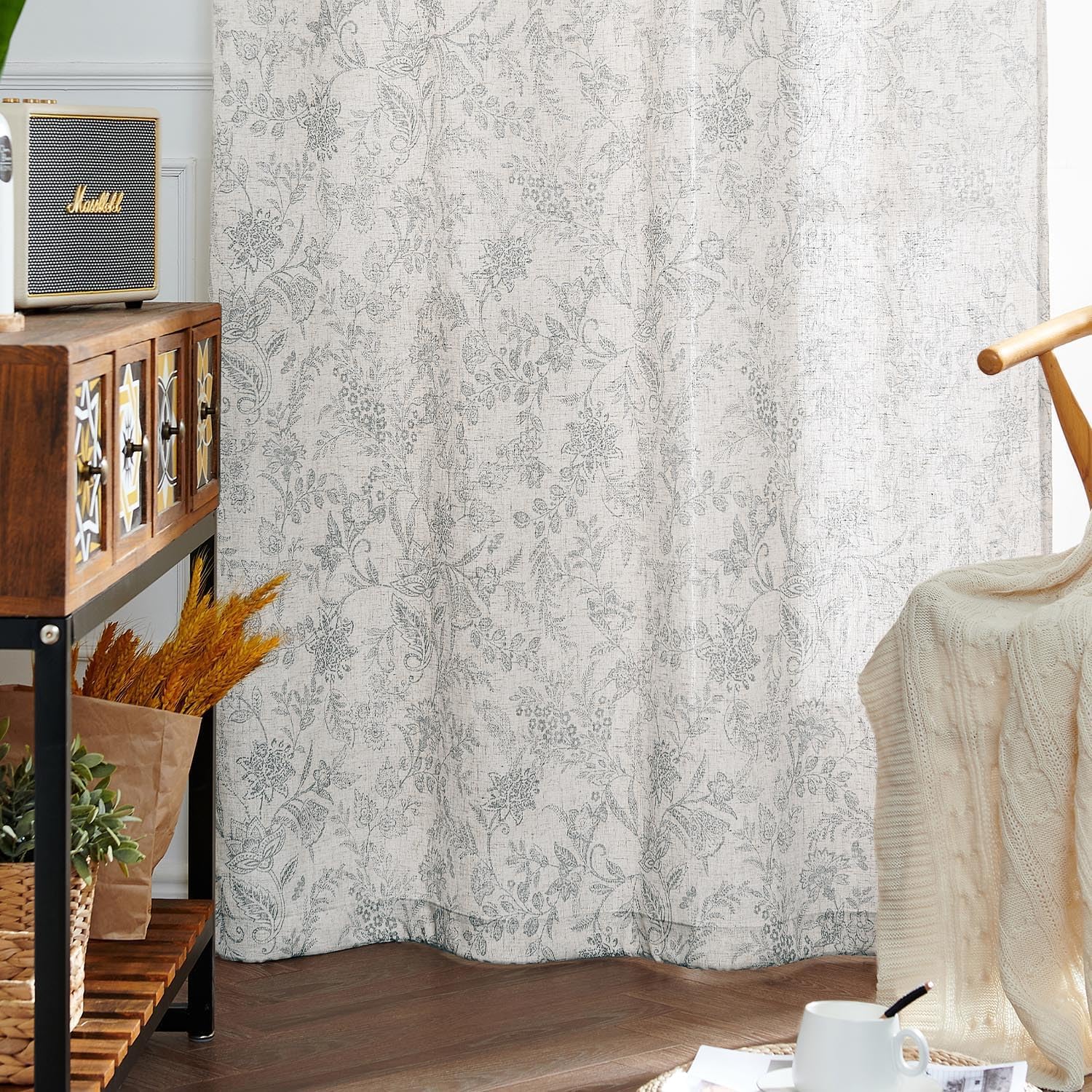 TOPICK Set di 2 tende floreali effetto lino, 210 x 140 cm (altezza x larghezza), grigio beige | Tende traslucide per soggiorno, stile rustico, oscuranti, con tunnel e passanti nascosti