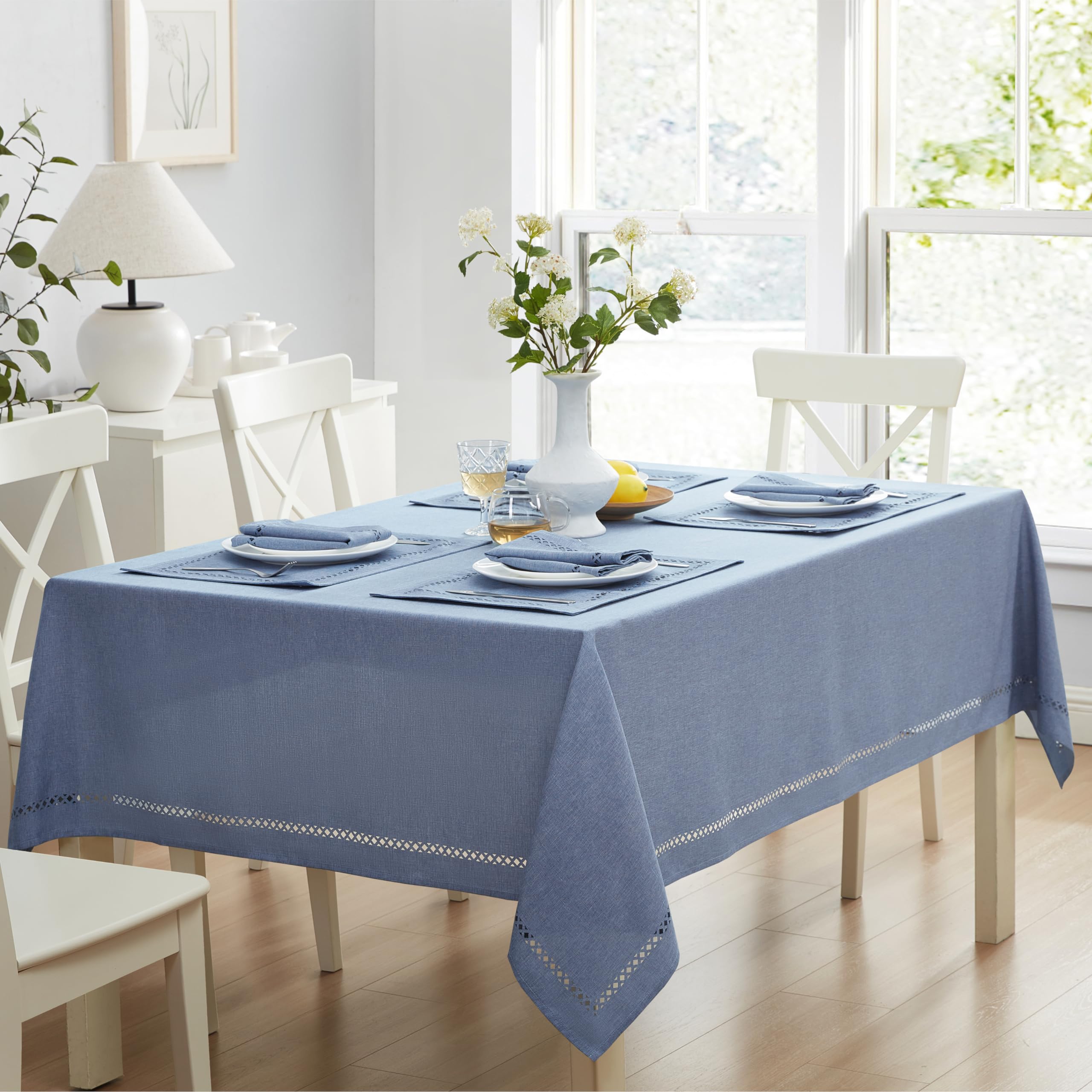 NewbridgeFabric Rectangle Tablecloth, 52 x 70 Inch, Provence Lattice Cutwork Solid Color Textured, Water and Stain Resistant Easy Care Fabric Table Cloth for Parties, Wedgewood Blue