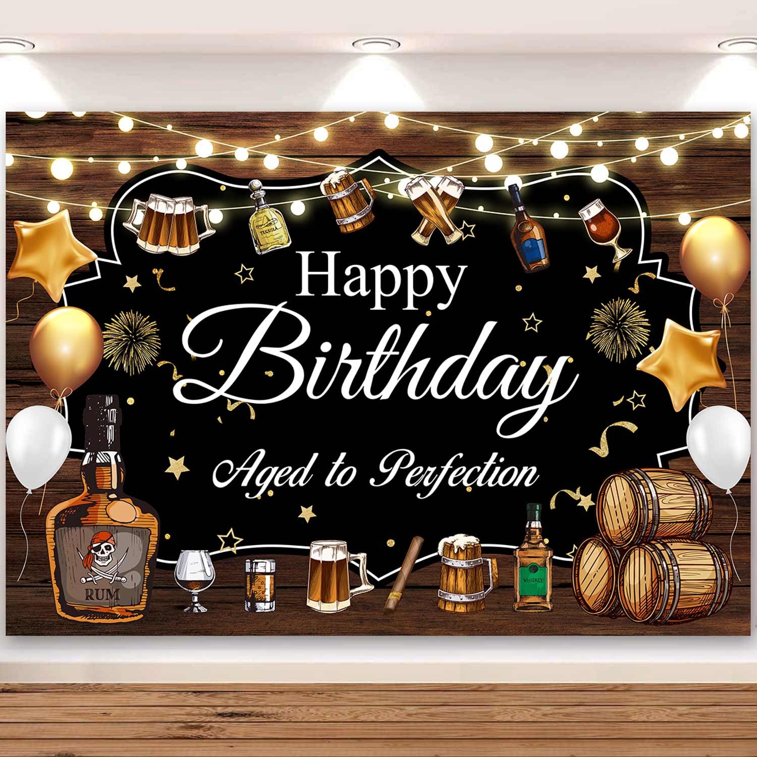 Ayayiya Beer Birthday Decorations Cheers and Beers Backdrop Banner for Men Women Aged to Perfection Party Whiskey Birthday Wooden Photography