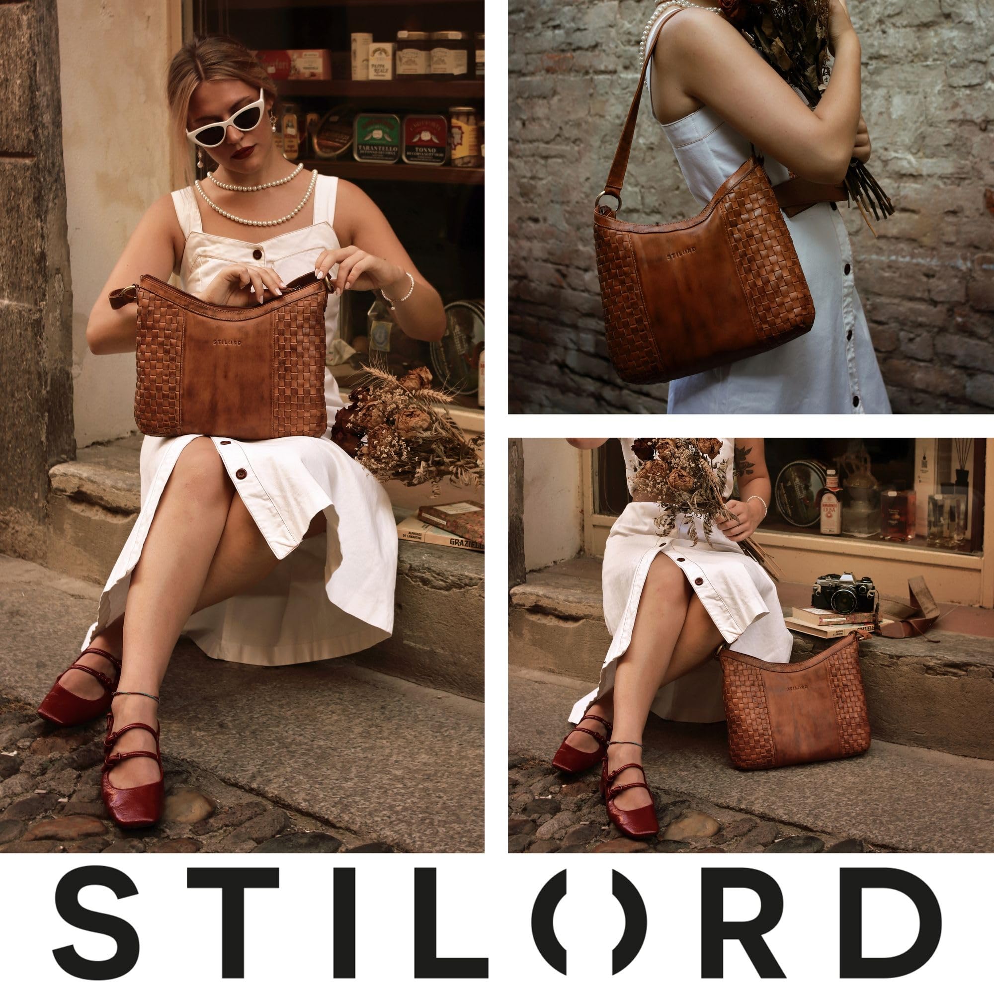 STILORD Katharina Elegante Bolso de asa de Piel Tejida con Bandolera Desmontable Bolso de Noche Bolso de Viaje de Piel auténtica Color:Negro