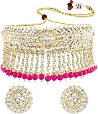 18K Gold Plated Indian Wedding Bollywood Kundan & Pearl Studded Choker Necklace Jewellery Set For Women/Girls (K7210-1)
