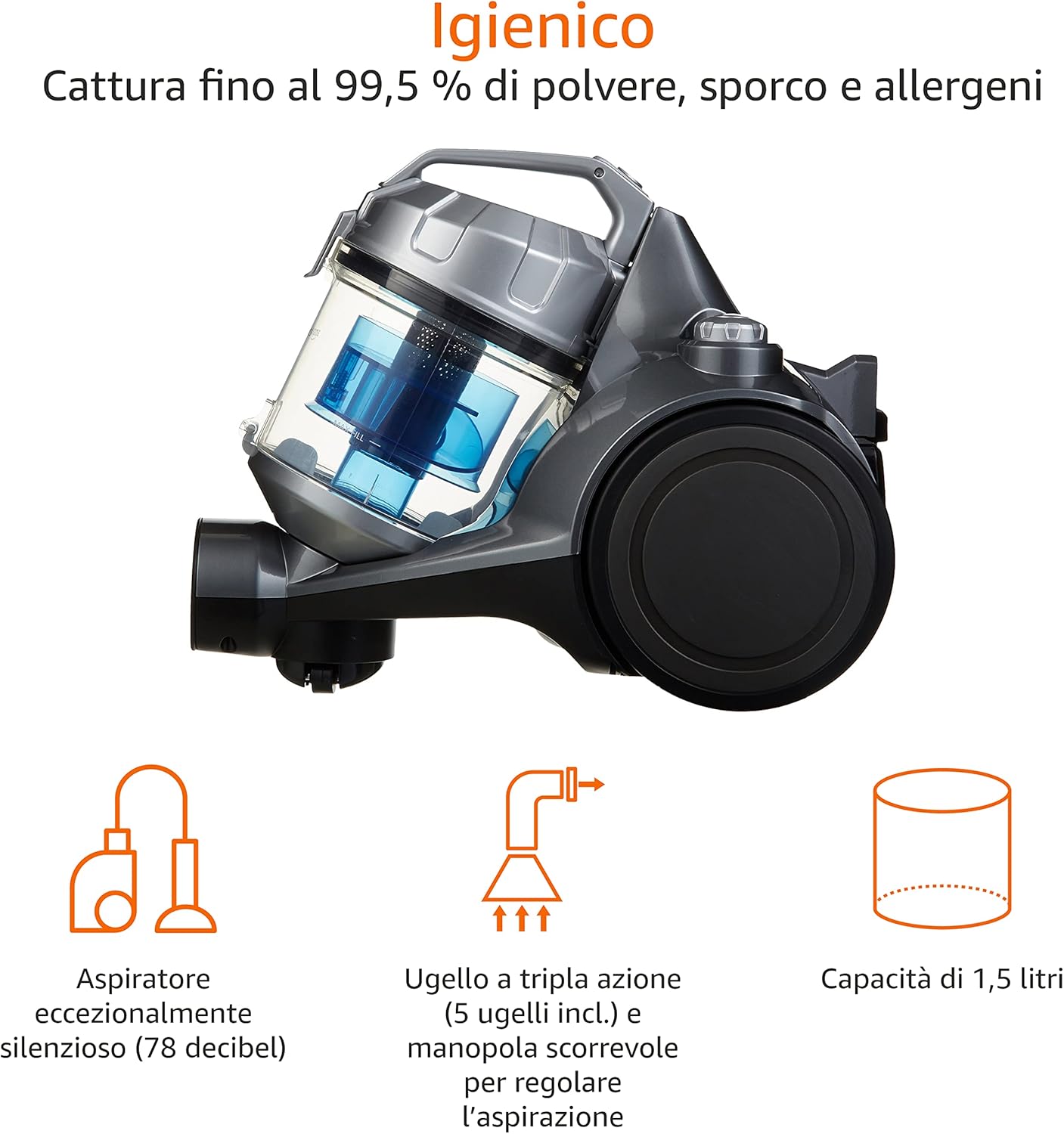 Amazon Basics, aspirapolvere cilindrico senza sacchetto 15KC-71EU4, potente per pavimenti duri e tappeti, filtro Hepa, compatto e leggero, 700 W, 1.5 L, Nero/Blu Amazon Basics, aspirapolvere cilindrico senza sacchetto 15KC-71EU4, potente per pavimenti duri e tappeti, filtro Hepa, compatto e leggero, 700 W, 1.5 L, Nero/Blu