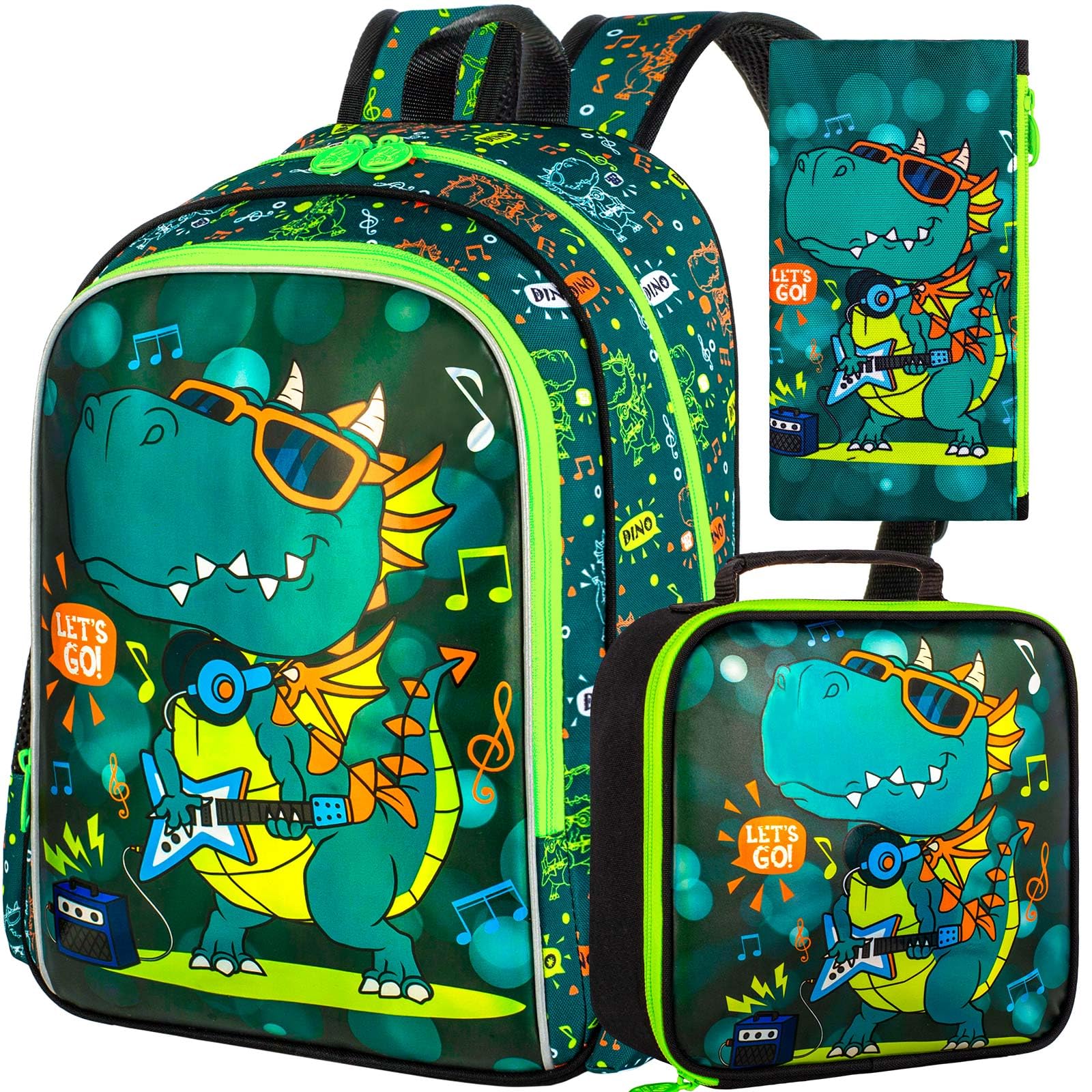 FTJCF Boys Backpack, 16" Dinosaur Kids Bookbag with Lunch Box, 3Pcs Dino School Backpacks for Elementary Preschool Kindergarten (Green)