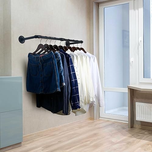 Miniatura 4 de WEBI Perchero de montaje en pared, 24 pulgadas de tubería industrial para colgar ropa, barra de hierro resistente, barra de ropa de exhibición al