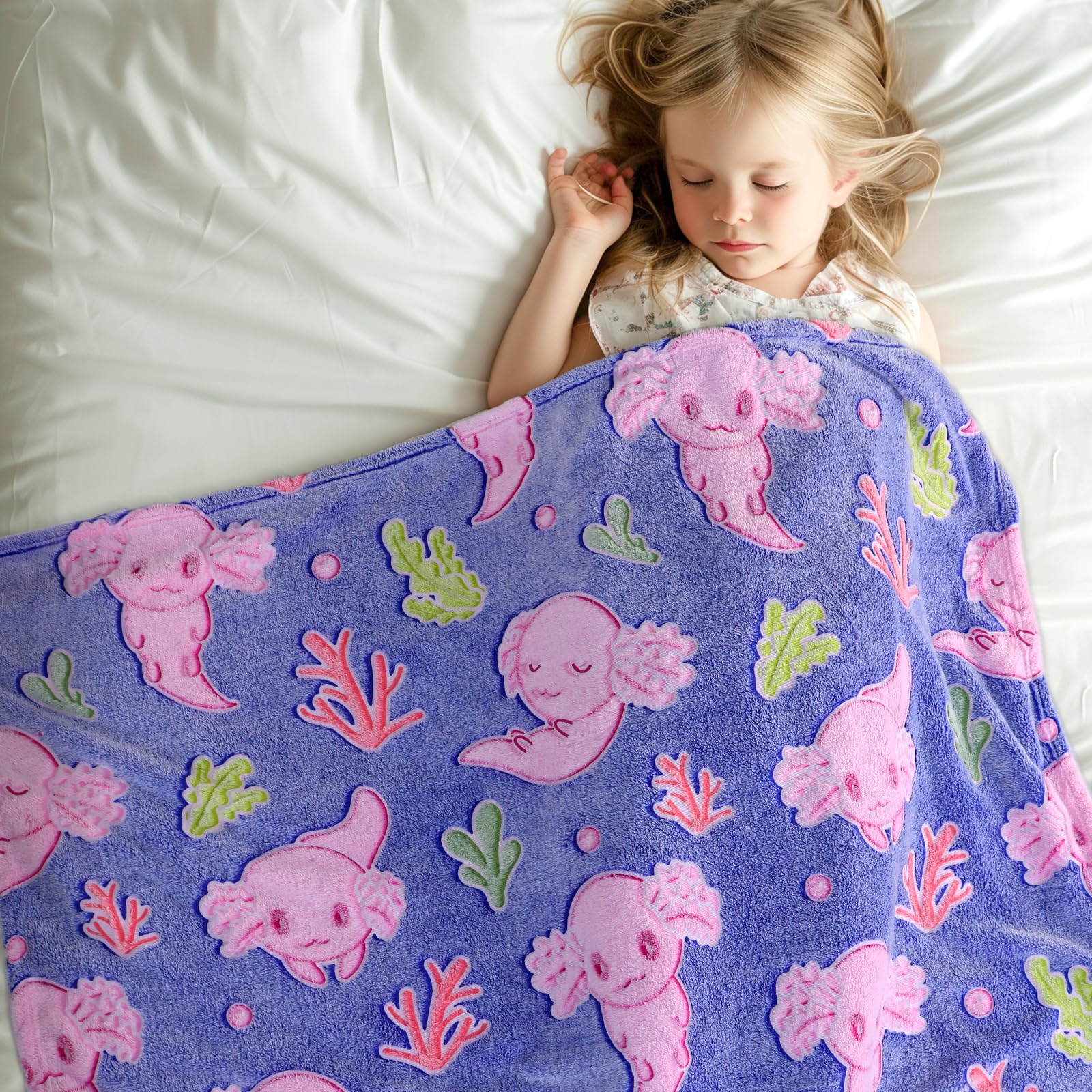 IMUKU Axolotl Blanket for Girls - Axolotl Gifts Toys for 2 3 4 5 6 7 8 9 10 Year Old Girls Boys - Glow in The Dark Salamander Blanket Christmas Birthday Presents for Toddlers Teens Couch Bed 50