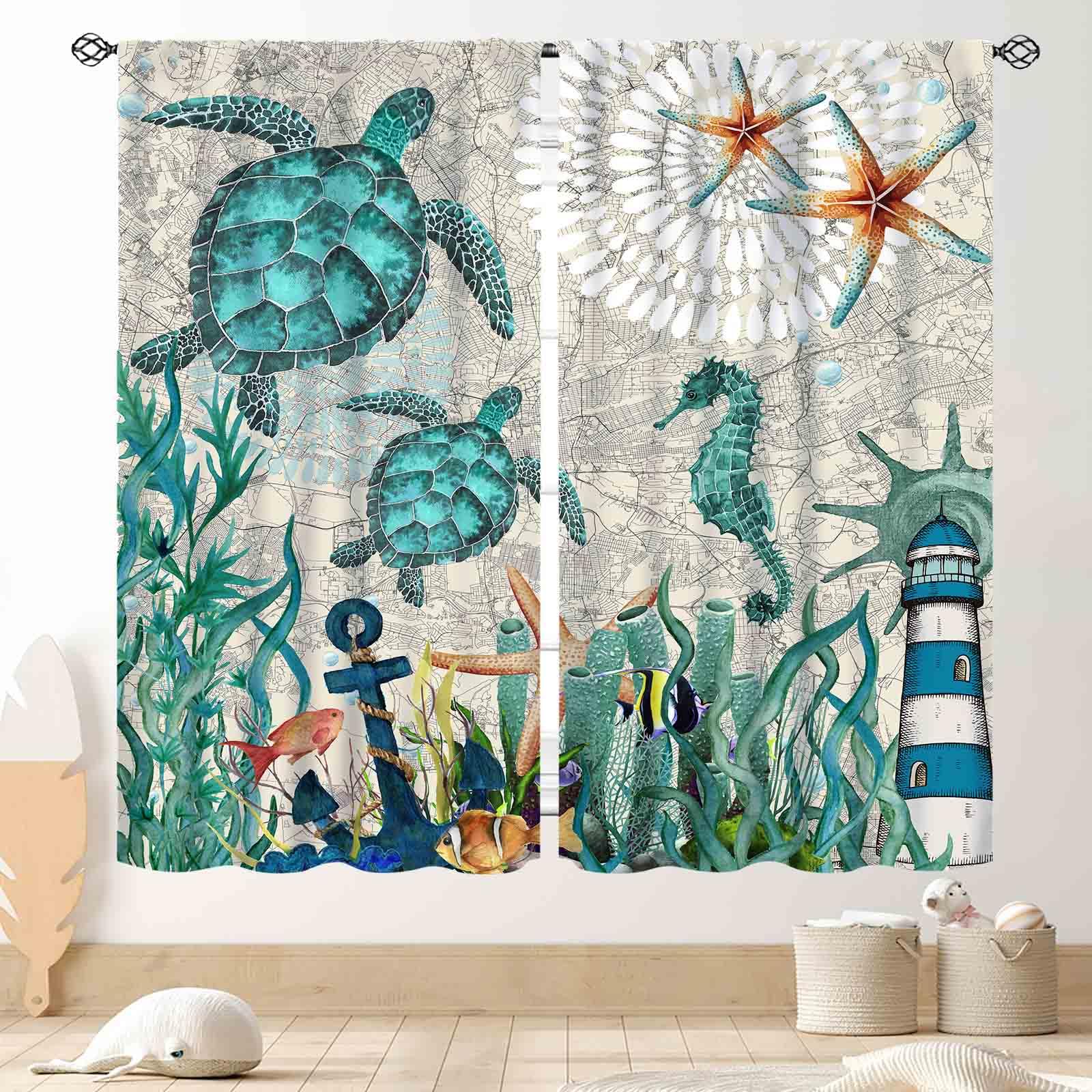 Sea Turtle Curtains, Coastal Nautical Beach Seaweed Seahorse Starfish Rod Pocket Window Treatments for Bedroom Living Room Bathroom Undersea Animal Blue Ocean Blackout Drapes, 42"x45" Inch