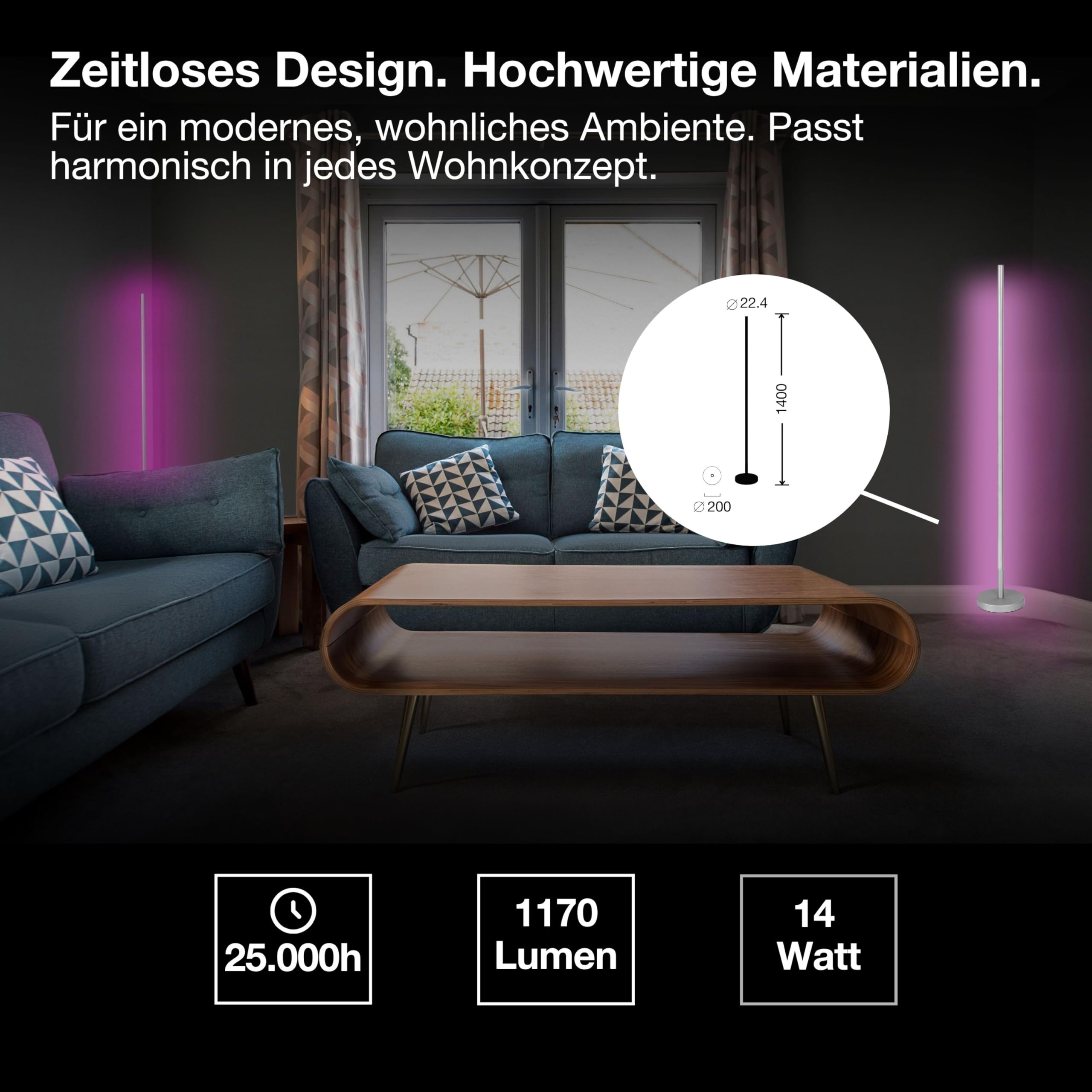 LEDVANCE SMART WIFI smarte und moderne Stehleuchte für indirekte Beleuchtung mit WiFi-Technologie und Magic RGB; dimmbar; silber; Aluminium; Leuchtmittel nicht austauschbar
