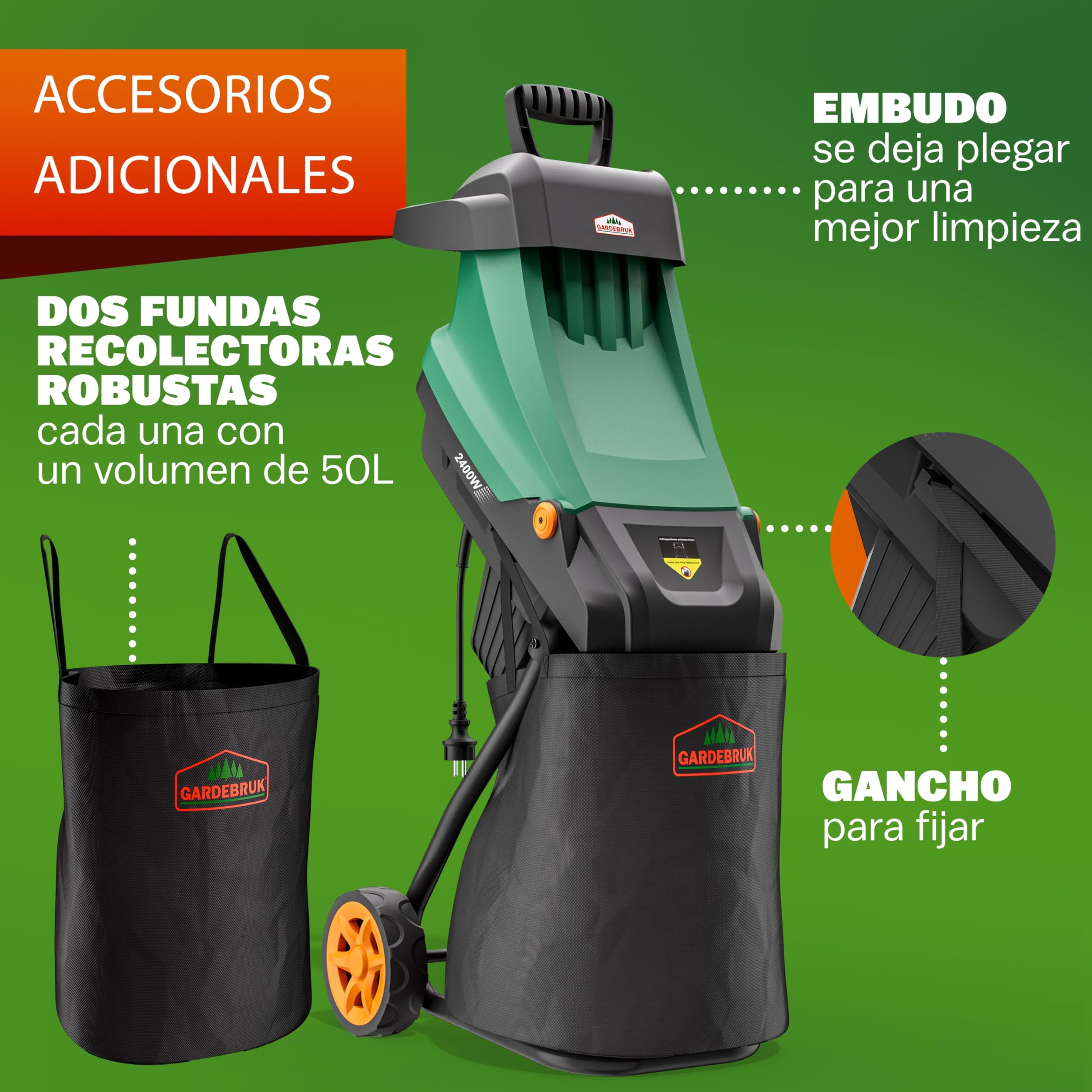 GARDEBRUK® Trituradora de Ramas Ø45mm, Triturador Electrico Jardin, Corta Troncos Leña, 2400W, Bolsa de Recolección 50L, Cuchillas de Acero, Residuos