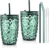 Joeyan 430ml Glass Tumbler with Straw and Lid Set of 2, Green Crystal Ribbed Glass Cup Drinking Glasses for Iced Coffee Smoothie Juice Beverages, Portable Drinking Jar, Dishwasher Safe