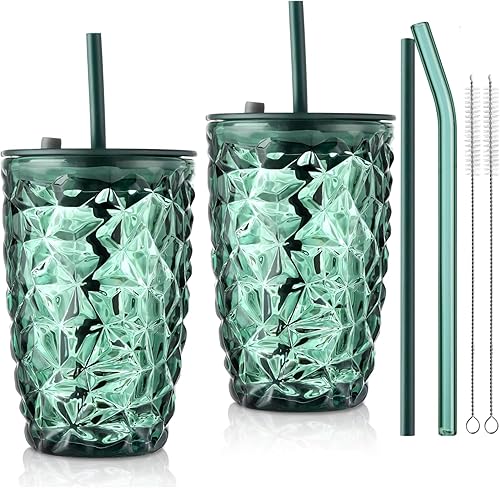 Joeyan Vaso verde de 14.5 onzas con tapa y pajita, tazas de vidrio para café helado con diseño de diamante, tarro de té de batido de color, bebidas