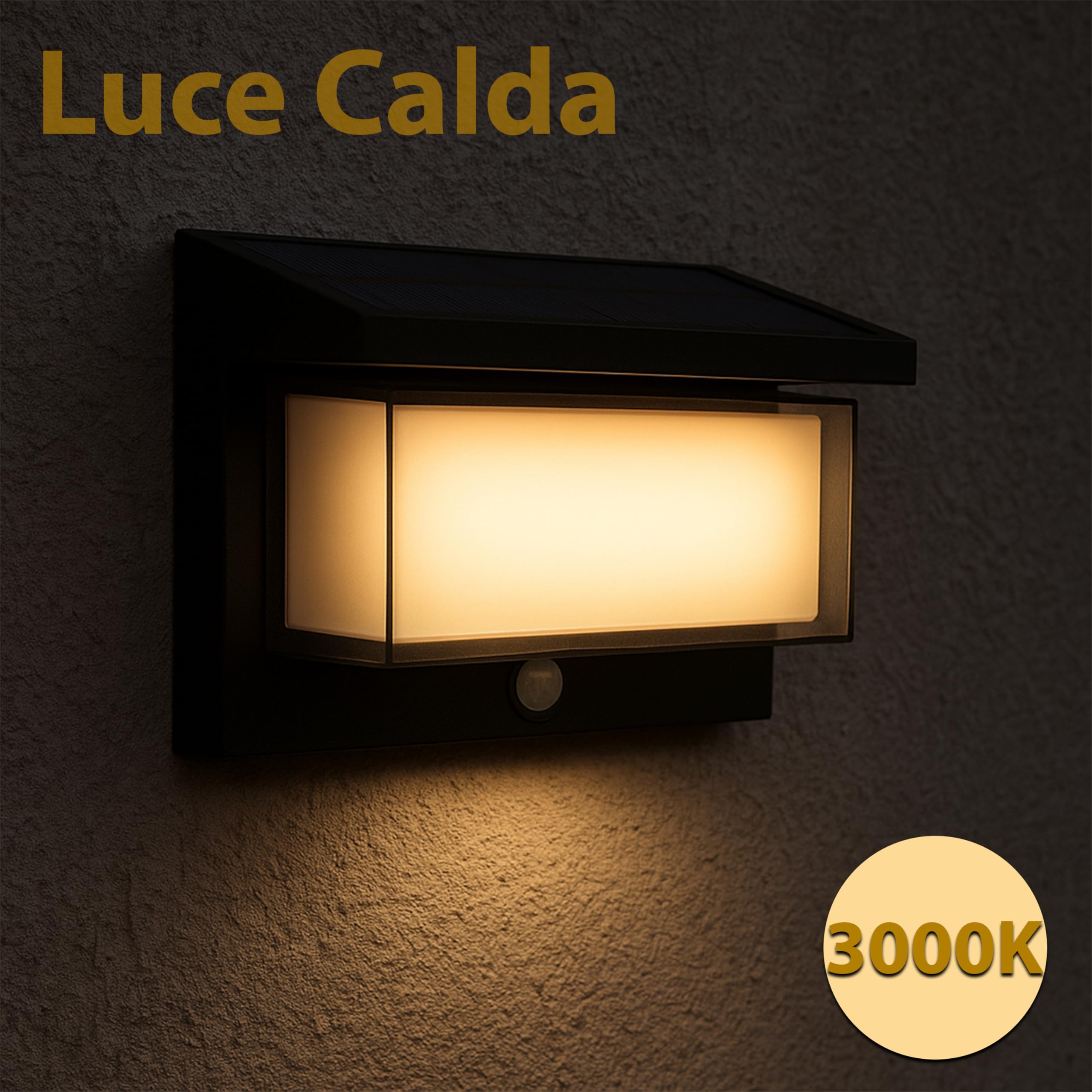 MAKA Applique Solare da Esterno 1000 Lumen (Equivalente 100W), Doppia Luce 3000K Calda e 6500K Fredda, Sensore PIR 6m e Crepuscolare, Batteria 3600mAh con Pannello Solare 2,2W, IP65, 8 Modalità (Nero)