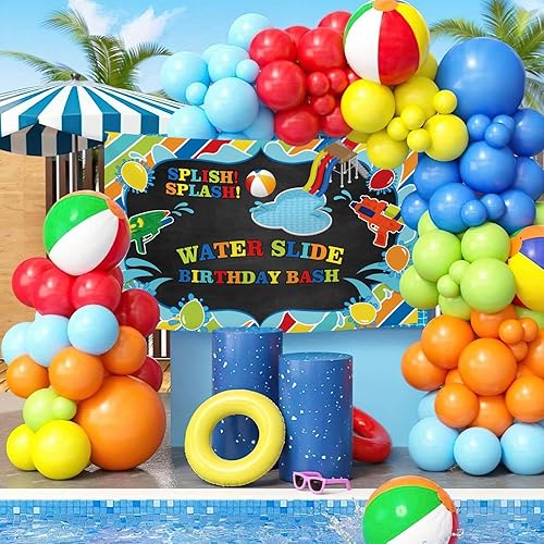 Miniatura 2 de MEHOFOND Tobogán acuático para niños, telón de fondo de fiesta de cumpleaños, salpicaduras, pizarrón, fiesta, verano, piscina, pistola, fondo,