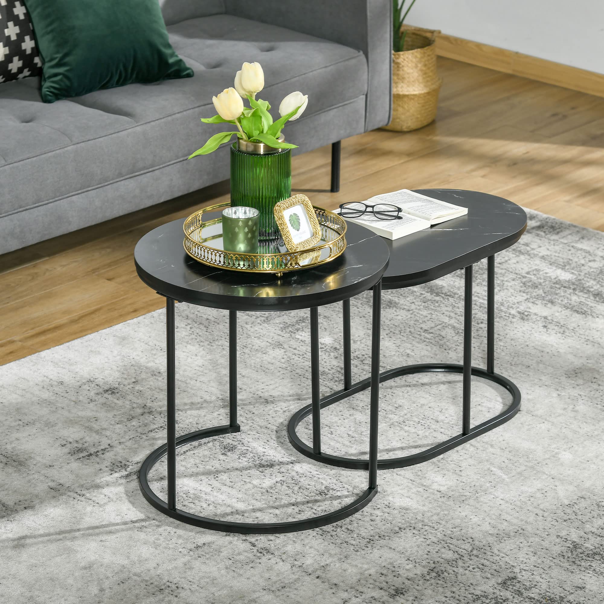 HOMCOM Lot de 2 Tables Basses Tables d'appoint gigognes en Acier et Plateau MDF Aspect marbre - Table Ronde et Ovale - Noir