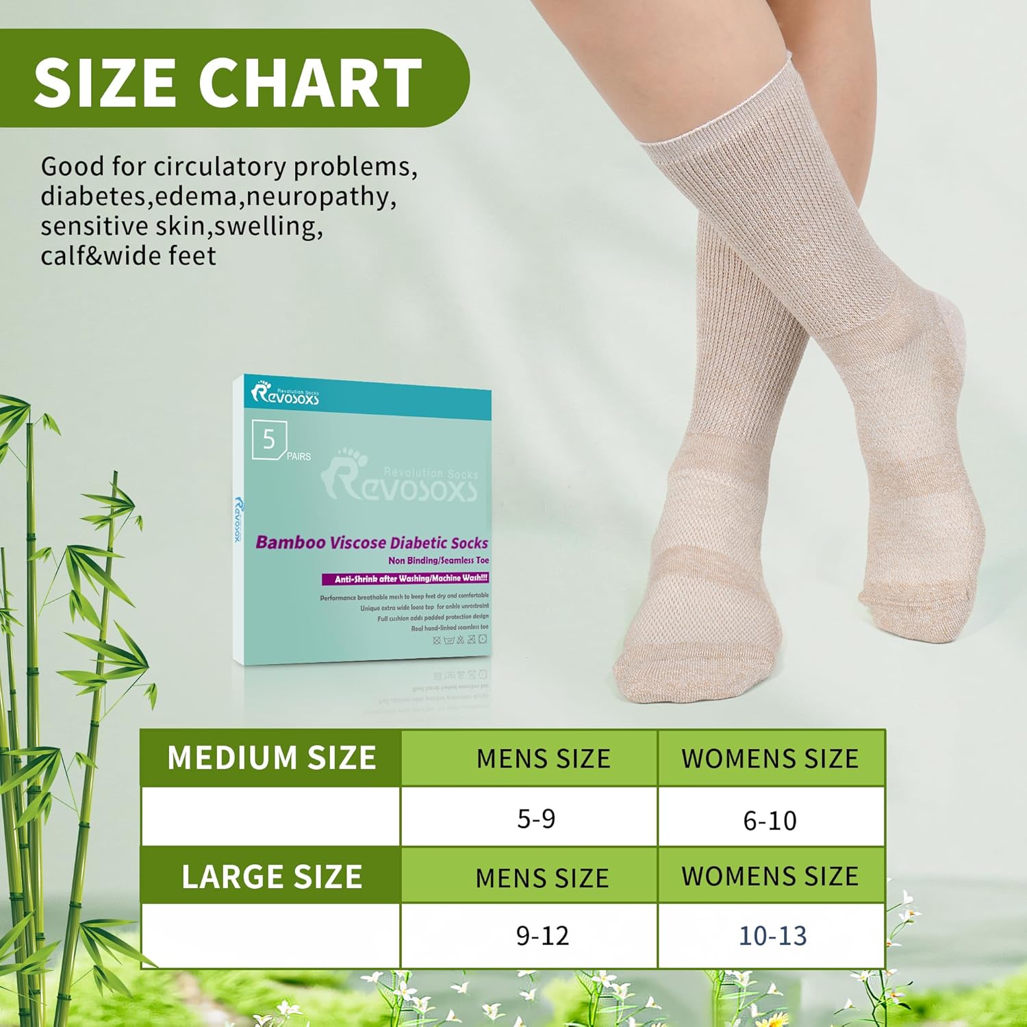 Diabetic Crew Socks for Men Women,Bamboo Viscose Non-Binding Loose Top Wide Socks with Seamless Toe 9-11 10-13 - Image 6