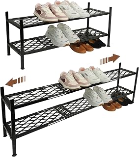 Nijoam Expandable 2-Tier Metal Shoe Rack - Stackable Organizer Holds 12-18 Pairs, 45.6" Black for Closet, Entryway, Garage