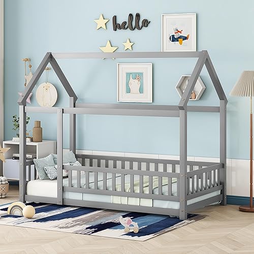 Bellemave Cama Montessori de madera con valla y techo para niños, marco de cama individual para niños, niñas (individual, blanco)