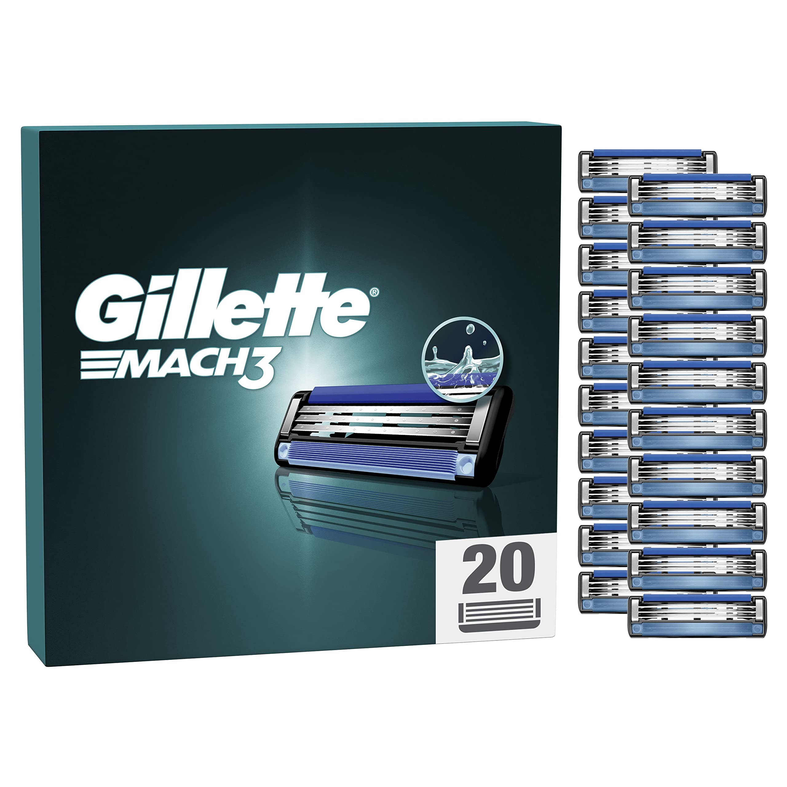 Gillette Mach3 Razor Blades Men, Pack of 20 Razor Blade Refills, Upgraded Lubrastrip for an Enhanced Glide