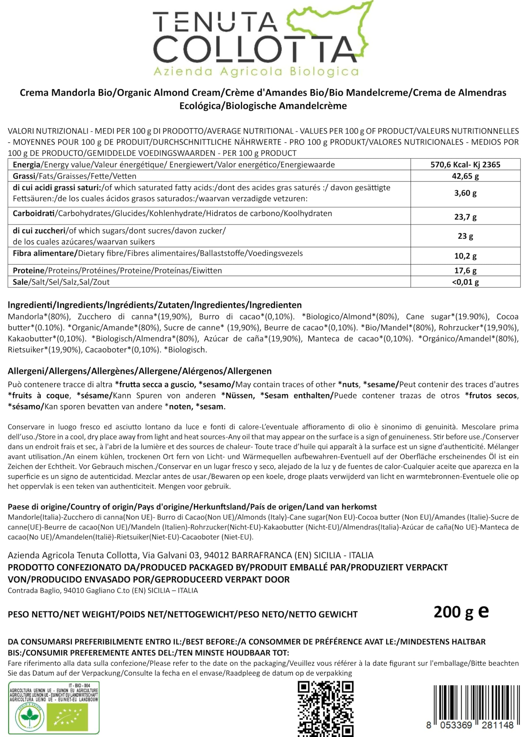 Tenuta Collotta® - Crème d'Amande Bio g 200-100% Italien - Produit en Sicile