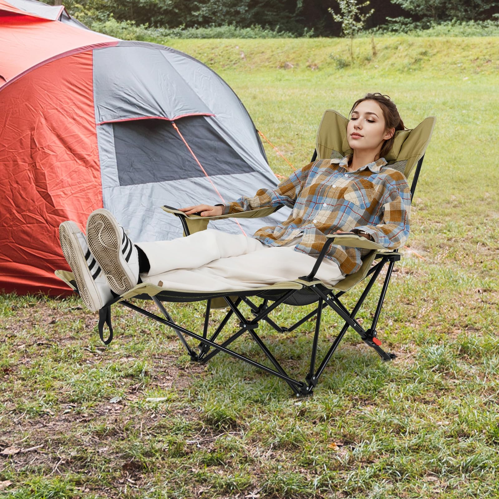 GOPLUS Silla Camping Ligera, 150 kg, Sillas Playa Reclinable de 4 Posisiones con Reposapiés Extraíble y Ajustable, Portavasos, Malla Transpirable y Bolsa de Transporte, Chair de Paseo para Jardín