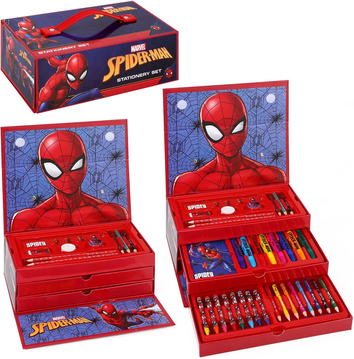 CERDร LIFE'S LITTLE MOMENTS Spiderman Kids 34pc Colouring Art Stationery Set with Watercolour Felt Tip Pens Crayons and Pencils Travel Set for Children