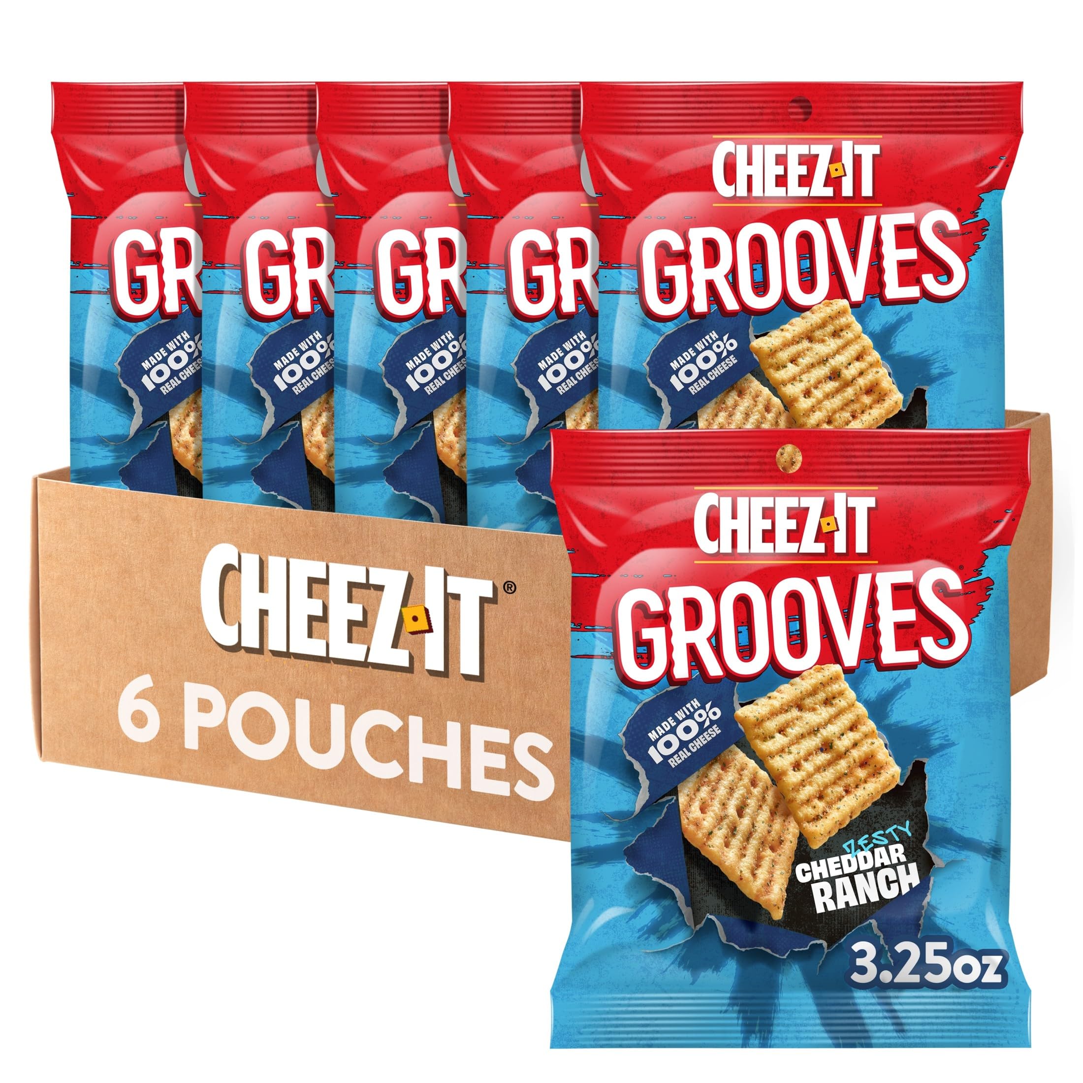 Cheez-It Grooves Crunchy Cheese Crackers, Snack Crackers, Lunch Snacks, Zesty Cheddar Ranch (6 Pouches)