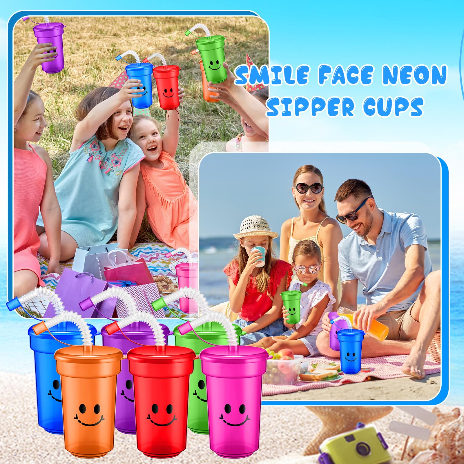 Mumufy Bicchieri da 350 ml per bambini, con coperchio e cannucce, bicchieri in plastica colorata, riutilizzabili, accessori di compleanno per bambini, regalo di fine anno per studenti (48 pezzi)