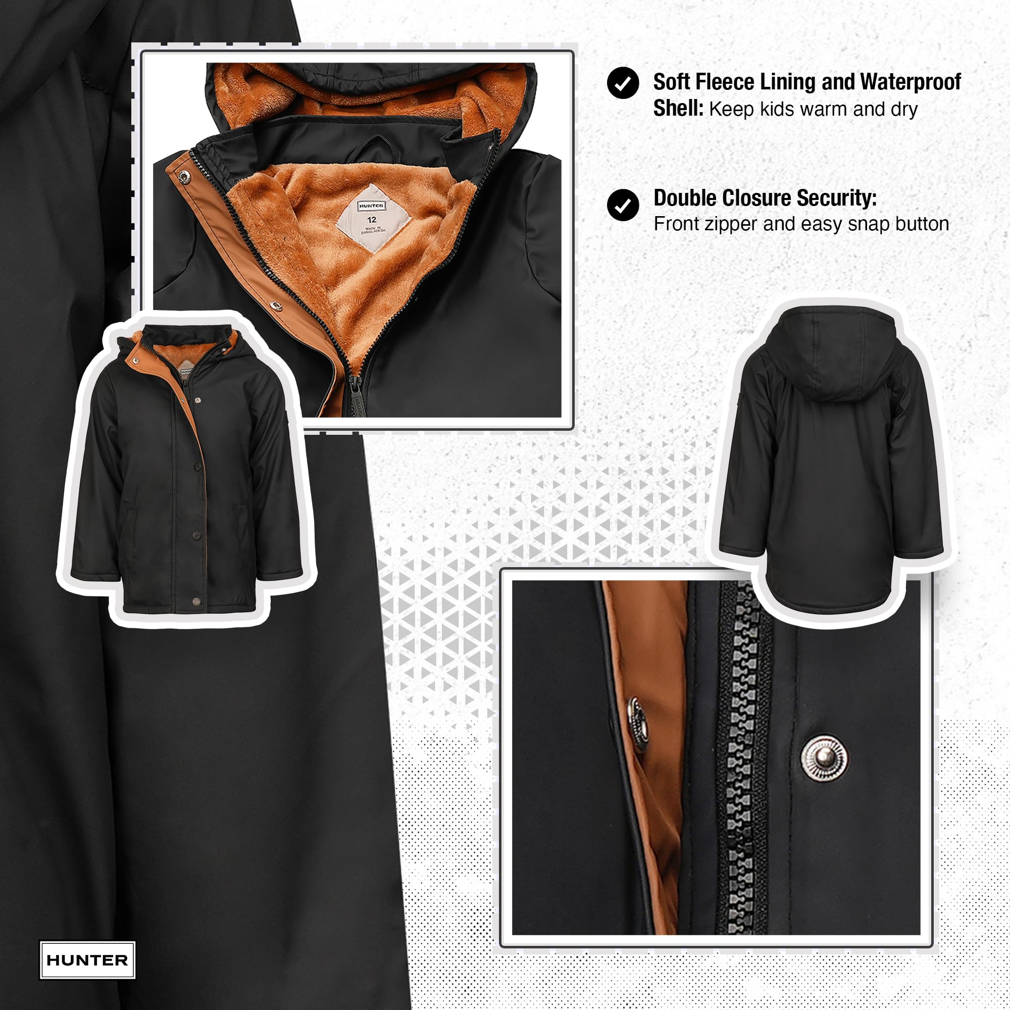 Hunter Regenjacke für Jungen, mit Plüsch gefüttert, wasserdichter Kapuzenmantel für Kinder, Kleinkinder, große Jungen, kaltes Wetter Oberbekleidung (2T-12)