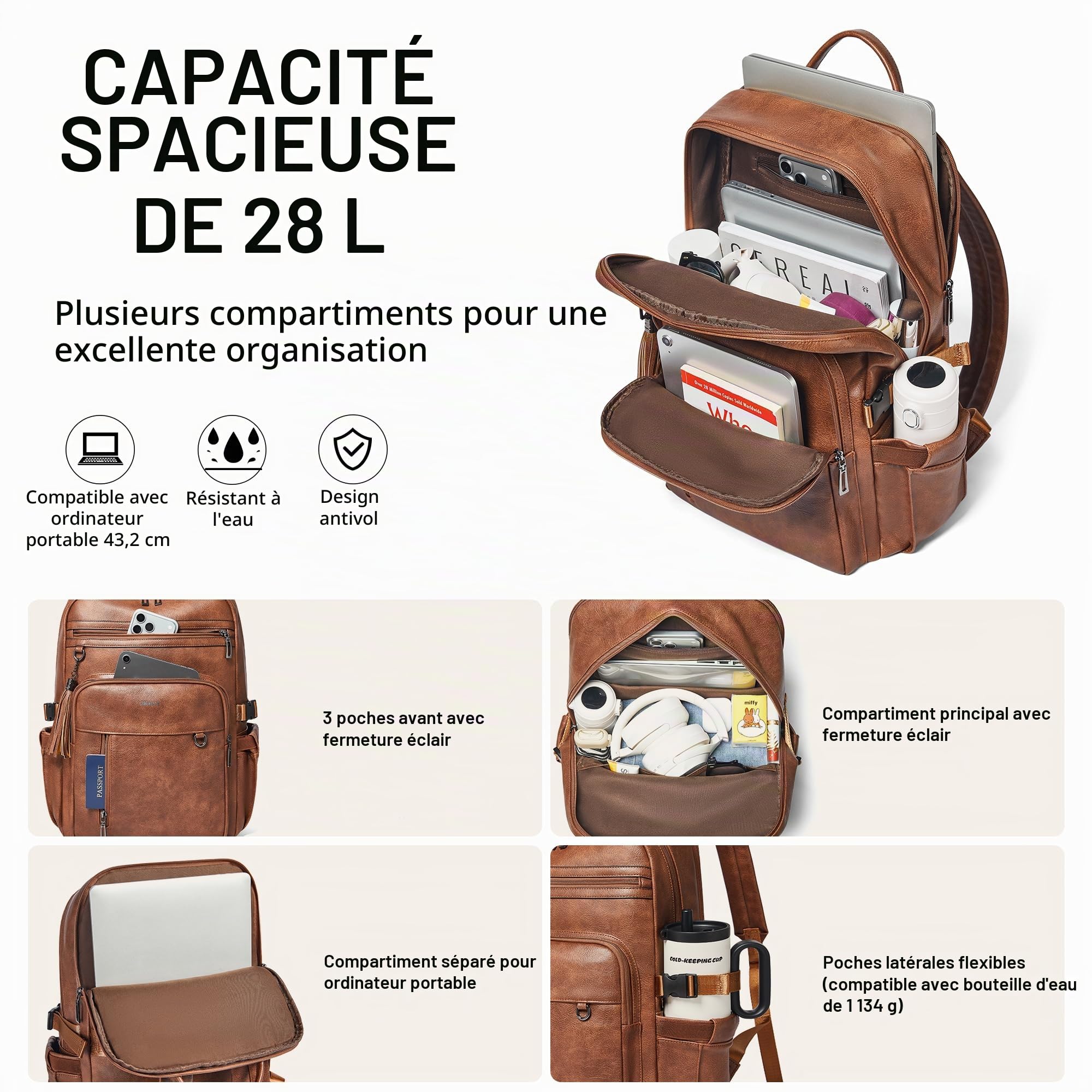 Shrrie Sac à dos pour ordinateur portable en cuir végan pour femmes, 17 pouces Sac a dos pour Travail commerce université voyages enseignant infirmière avec Poche antivol et grand porte-gobelet géant